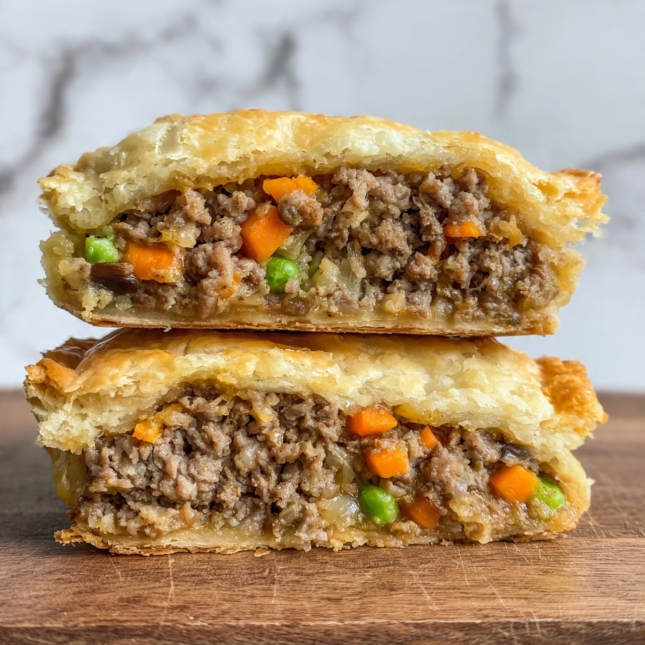 square image The image shows two layers of a meat pie cut in half and stacked on top of each other on a wooden surface, with a close-up view of the inside. The pie has a golden, flaky crust that looks crisp and light. The filling inside is made of minced meat mixed with small pieces of orange carrots, green peas, and bits of onions and mushrooms, creating a textured and colorful mix. The crust forms a thin layer around the filling, which is dense and moist. The background is a white marbled texture. Photo taken with an iphone --ar 4:5 --v 7
