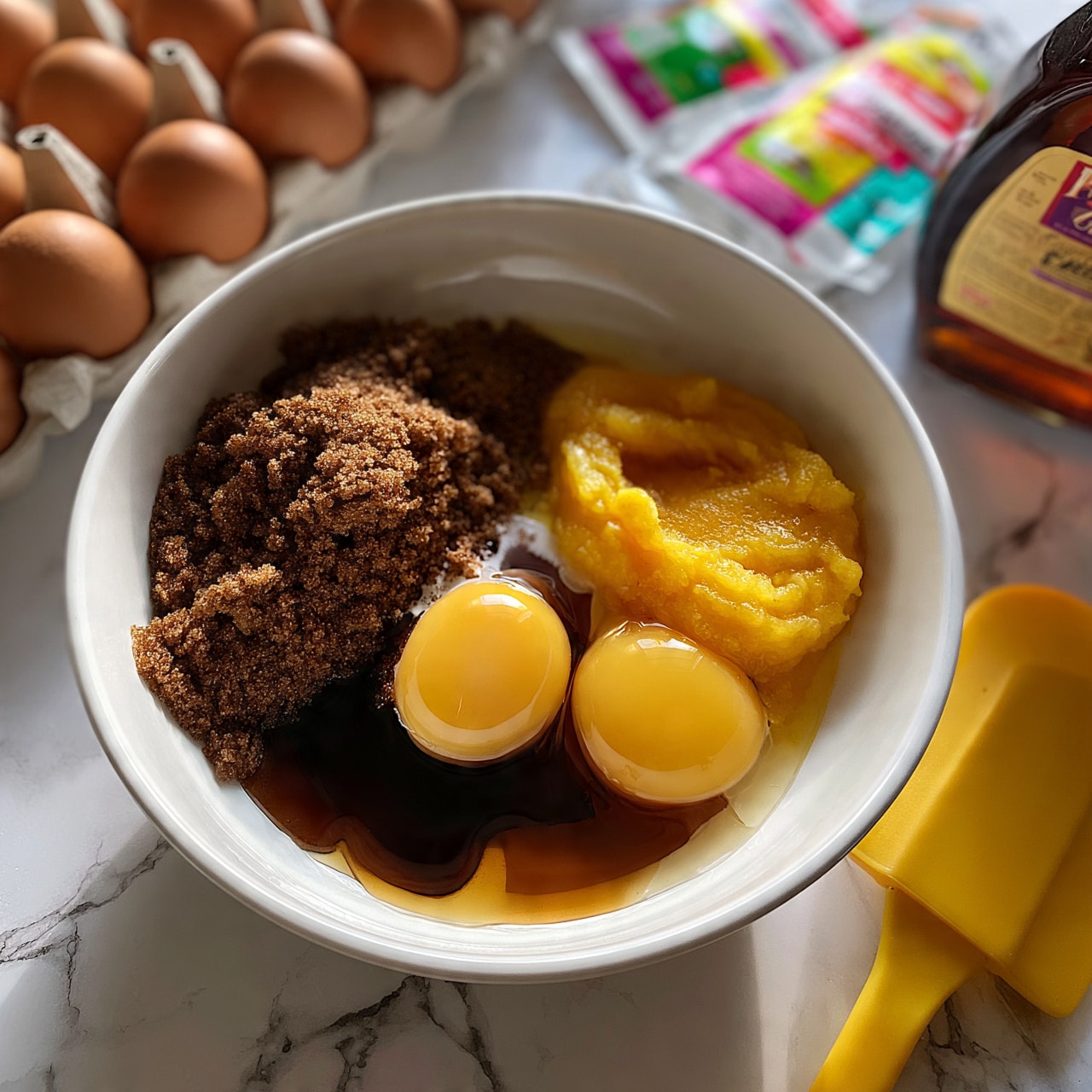 square image A white bowl on a white marbled surface contains several ingredients layered separately: dark brown brown sugar on one side, a drizzle of dark amber syrup pooling on the bottom, two whole raw eggs with smooth yellow yolks near the syrup, and a thick dollop of bright orange puree next to the eggs, all clearly visible and not mixed. Surrounding the bowl are egg cartons filled with brown eggs, packets of ingredients with bright labels, and a bottle of dark amber syrup. A yellow spatula rests beside the bowl, adding a pop of color. photo taken with an iphone --ar 4:5 --v 7