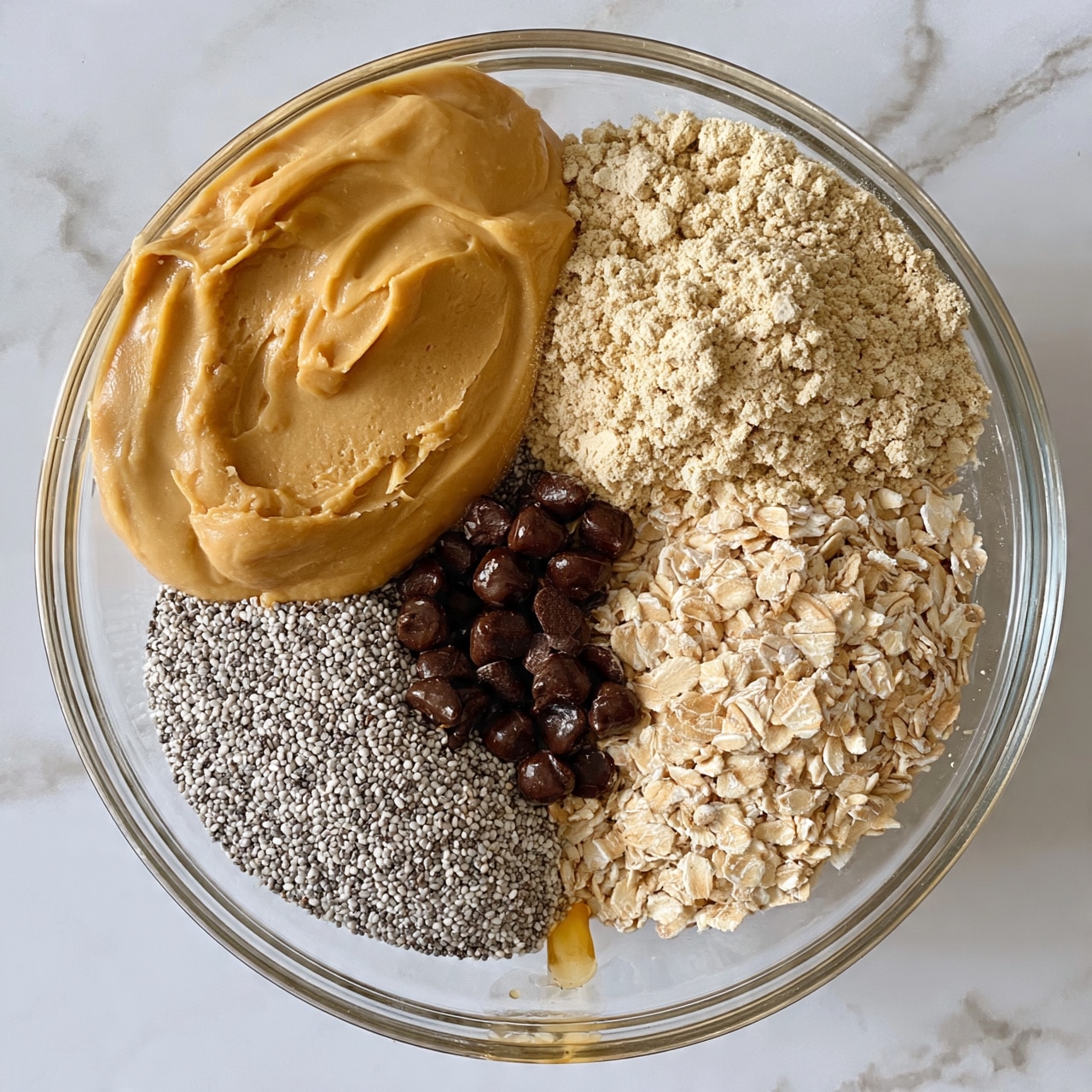 square image A clear glass bowl sits on a white marbled texture, holding six separate ingredients arranged in sections. The top left section has smooth, light brown peanut butter with a creamy texture. To its right, there is a pile of beige protein powder with a dry, powdery look. Below the protein powder, light tan rolled oats with a rough, dry texture fill part of the bowl. In the center beside the oats, there are small dark brown chocolate chips with a shiny surface. On the bottom left near the peanut butter, there are tiny, round, white chia seeds forming a dense patch. Finally, a small drip of golden liquid is visible near the chia seeds at the bottom edge of the bowl. photo taken with an iphone --ar 4:5 --v 7