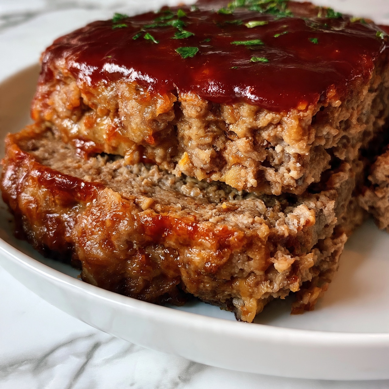 square image A white dish with two thick slices of meatloaf stacked close, each layer showing a cooked brown texture of ground meat. The top layer and surface of the slices are covered with a shiny dark red sauce, with a few small green herb bits sprinkled on top. The meat texture looks soft and slightly crumbly. The background is a white marbled surface. Photo taken with an iphone --ar 4:5 --v 7