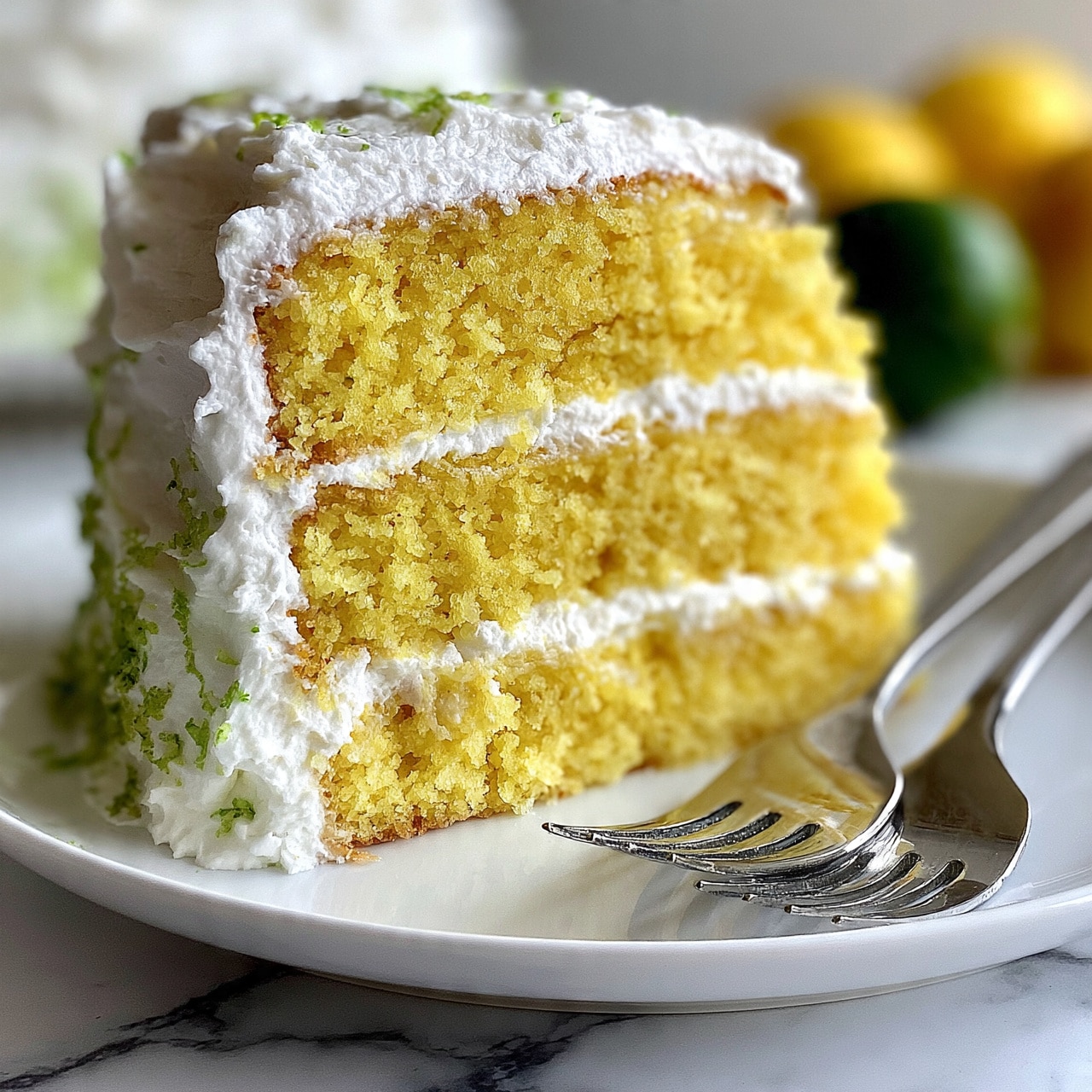 square image A slice of yellow cake with three visible layers, each separated by white cream frosting. The outer layer of the cake is covered in white cream with small green bits scattered on the side, likely lime zest. The slice is placed on a white plate with a white marbled surface underneath. Next to the slice are two silver forks resting on the plate. In the blurry background, there are whole yellow lemons and green limes. Photo taken with an iphone --ar 4:5 --v 7