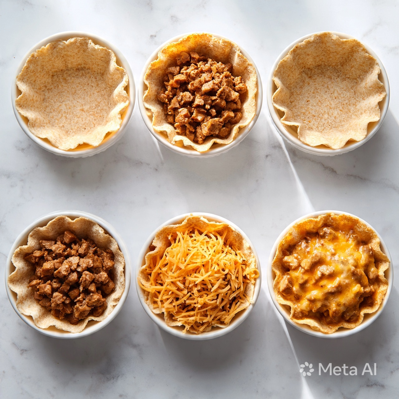 square image There are four rows of small round white bowls filled with food at different steps. The first row shows empty white bowls lined with a light beige, coarse textured layer shaped like a crispy tortilla shell. The second row has these shells filled with small brown chunks of cooked meat, piled in the center. The third row has shredded orange cheese added on top of the meat in the bowls, with the cheese spread evenly and slightly loose. The last row shows the bowls with the cheese-mixed meat filling finished, looking warm and soft with a slight shine on top. The bowls sit on a white marbled surface, and the lighting is natural and clear. photo taken with an iphone --ar 4:5 --v 7