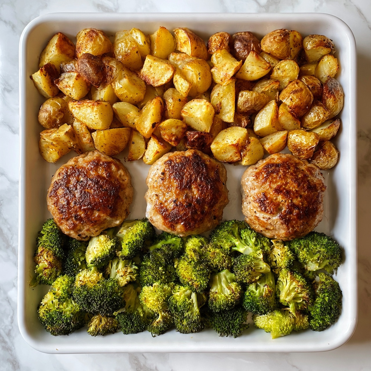 square image The image shows a white baking tray with three golden-brown meat patties placed in a row in the middle. Above the patties, there is a layer of browned quartered potatoes, crispy and seasoned, covering the top part of the tray. Below the patties, there is a layer of roasted broccoli with a slightly charred texture, vibrant green in color, spread out evenly. The tray is on a white marbled surface. Photo taken with an iphone --ar 4:5 --v 7