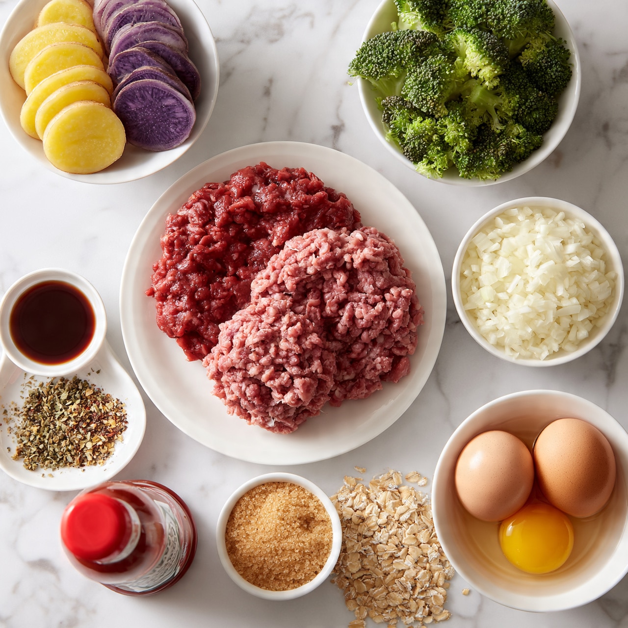 square image image shows a white plate in the center with two sizes of raw ground meat, one larger and darker red, and the other smaller and lighter pink, arranged overlapping. Around the plate are small white bowls containing different ingredients: sliced yellow and purple potatoes in the top left, fresh broccoli florets in the top right, finely chopped white onions to the right of the meat, two raw eggs in liquid in the bottom right, light brown sugar in the bottom center, old-fashioned oats to the left of the sugar, and a small bowl of dark brown liquid (soy sauce) to the bottom left near a white dish with mixed dried herbs and spices. A bottle of ketchup with a red top and label is placed near the bottom left on a white marbled surface. photo taken with an iphone --ar 4:5 --v 7
