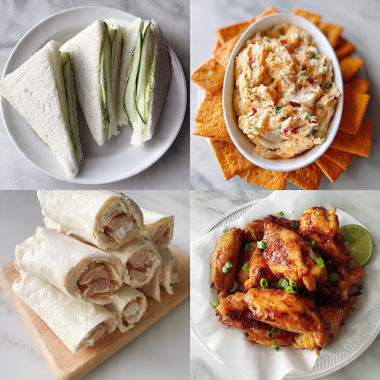 square image The image shows four different dishes arranged in a grid. The top left has three white sandwich triangles on a white plate, filled with thin cucumber slices and green spread, placed on a white marbled surface. The top right is a white oval dish filled with creamy orange and white dip mixed with small colorful bits of red and green, surrounded by square orange crackers on the white marbled surface. The bottom left displays several rolled wraps with layers of light pink meat and creamy spread inside soft white flatbread, all placed on a light wooden board on the white marbled surface. The bottom right is a large white plate lined with parchment paper holding golden-brown grilled chicken wings garnished with green onion pieces and a lime wedge on the side, sitting on the white marbled surface. Photo taken with an iphone --ar 4:5 --v 7