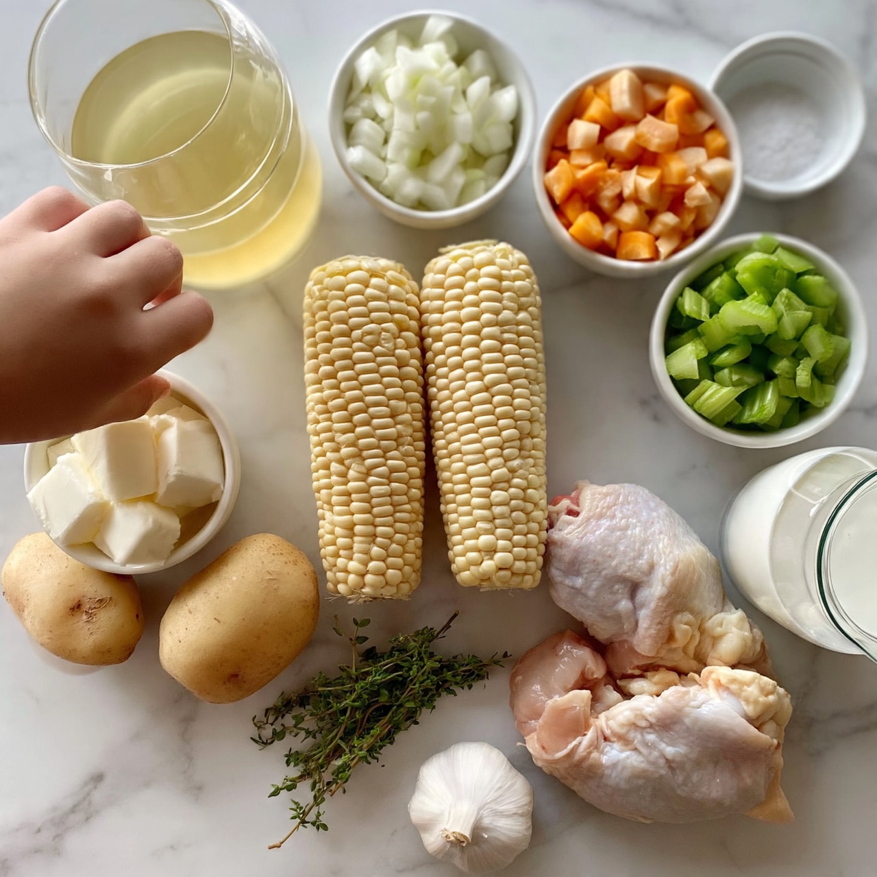 square image The image shows a white marbled surface with a clear arrangement of ingredients for cooking. In the center, two corn cobs with light yellow kernels rest side by side. Surrounding them are small white bowls containing diced white onions, chopped light orange carrots, and bright green celery pieces. There is also a bowl with white cubed butter and two whole light brown potatoes. A small pile of fresh green thyme sprigs and a whole garlic bulb with white skin lie near the bottom. Two pieces of raw chicken with pale pinkish skin and some fat are placed near the potatoes. Additionally, there is a glass container of light yellow broth, a small white bowl of salt, and a clear glass vessel with white cream or milk. A woman's hand is reaching into the scene from the left side. The photo is taken with an iPhone --ar 4:5 --v 7
