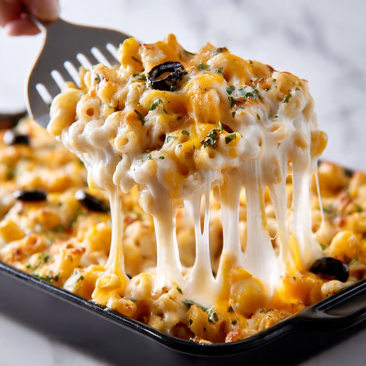 square image A close-up of a black baking tray filled with creamy baked pasta topped with melted cheese and herbs, lifted by a woman's hand holding a slotted spatula. The pasta is elbow-shaped, covered with gooey melted cheese stretching out in smooth strings, showing a mix of white and golden yellow color. Small green herbs and black olives are scattered across the surface, adding contrast and texture. The background is a white marbled texture, giving a clean and bright look. photo taken with an iphone --ar 4:5 --v 7