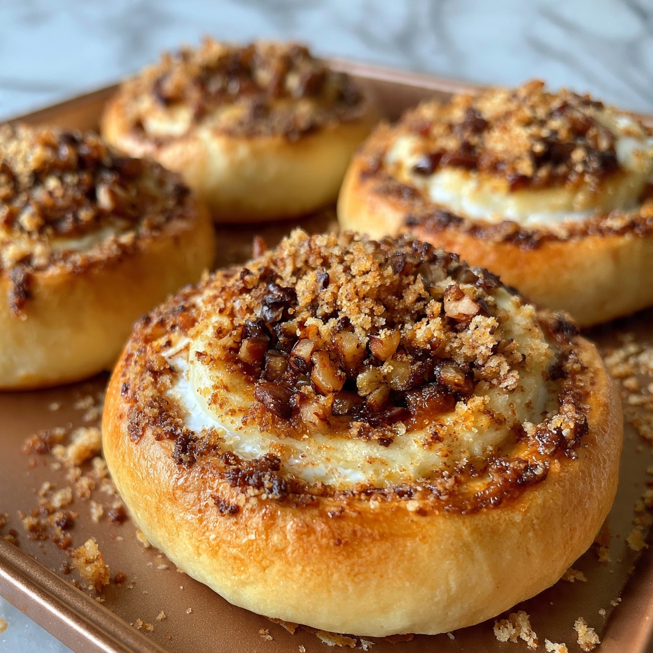 square image The image shows round, golden-brown pastries with a soft, doughy texture on the outside. Each pastry has a center filled with small, chopped pieces of dark brown nuts or fruit, mixed with a crumbly topping that is light brown and sprinkled over the center and edges. A white creamy layer peeks out under the crumble, creating contrast. The pastries rest on a brown baking sheet, with crumbs scattered around. The scene is lit warmly, making the pastries look fresh and inviting. The background is a white marbled texture. Photo taken with an iphone --ar 4:5 --v 7