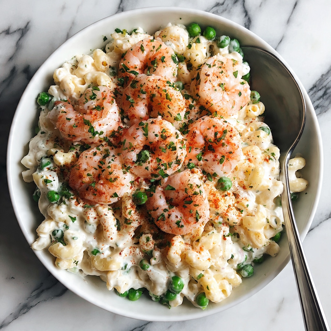 square image A white bowl filled with a creamy pasta salad that has three main layers: small curved pasta covered in white sauce with green peas scattered throughout, large pink shrimp placed evenly on top of the pasta, and sprinkled with finely chopped green herbs and reddish seasoning powder. A large silver spoon rests inside the bowl. The bowl is placed on a white marbled surface. photo taken with an iphone --ar 4:5 --v 7