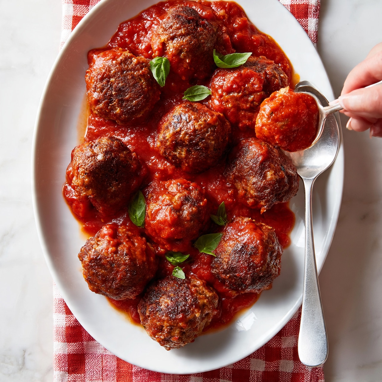 square image A white oval plate sits on a white marbled surface with a red and white checkered cloth underneath. The plate holds eight large, round meatballs with a crispy brown outside texture. They are covered with thick, rich, red tomato sauce. Small green basil leaves are placed between the meatballs for color contrast. A silver spoon rests on the plate next to the meatballs, with a woman’s hand about to scoop some sauce. The scene is bright and sharp, focusing on the food, photo taken with an iphone --ar 4:5 --v 7