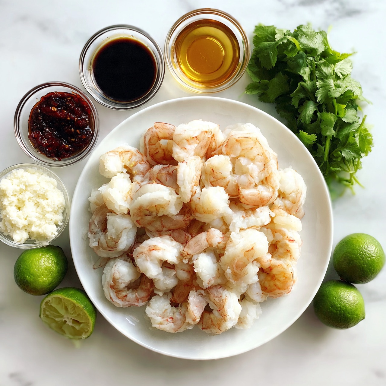 square image The image shows a white plate filled with peeled shrimp that are light pink and white in color, arranged in the center. Around the plate, there are small clear bowls with different ingredients: a dark red chili paste, a dark brown soy sauce, a golden honey or syrup, and a bowl of white crumbled cheese. To the side, there is a bunch of fresh green cilantro and three small green limes, one of which is cut in half showing its juicy inside. All items are placed on a white marbled surface. photo taken with an iphone --ar 4:5 --v 7