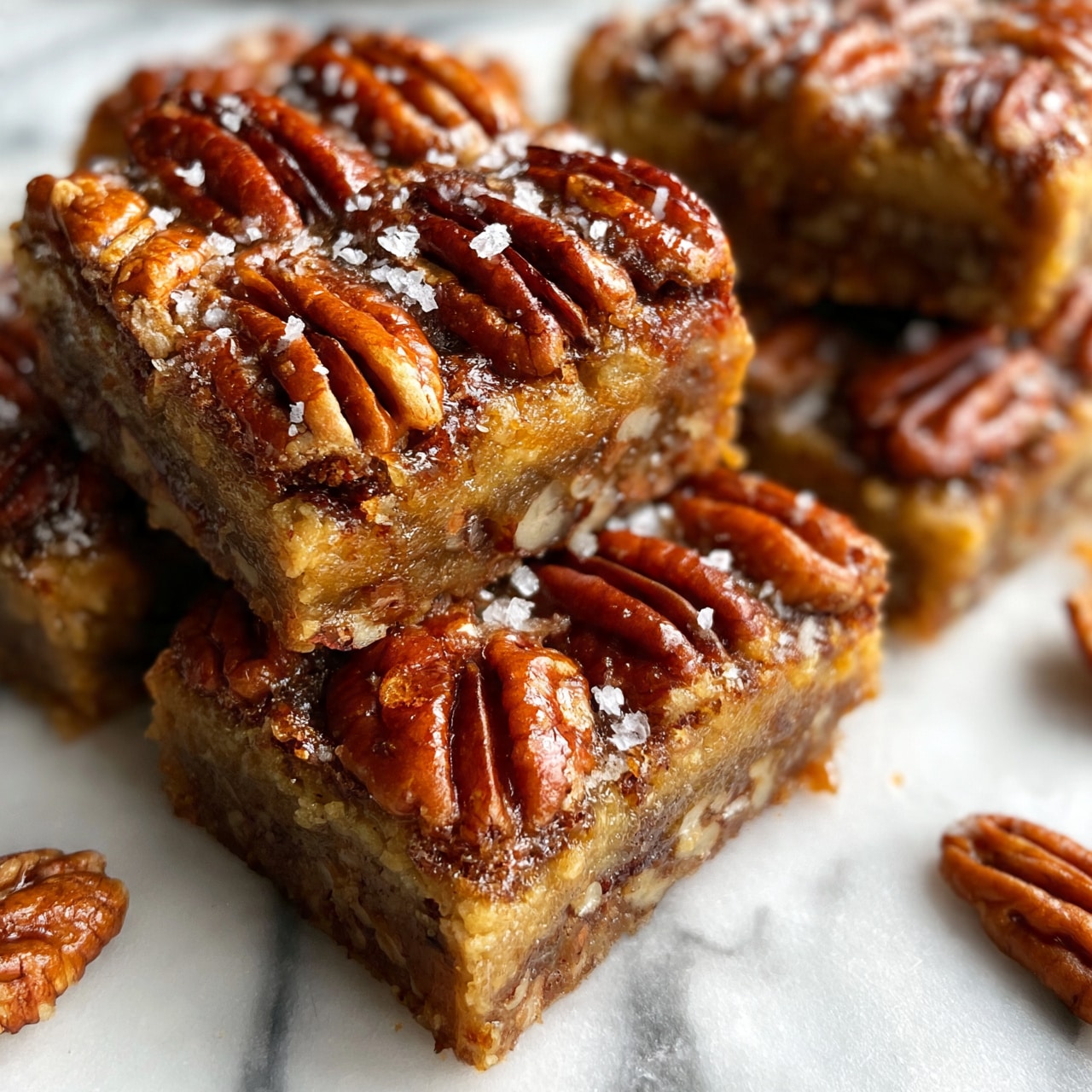 square image A stack of square pecan bars on a white marbled surface, each bar showing a thick, gooey golden-brown layer topped with whole toasted pecan halves arranged in a dense pattern. The pecans have a shiny, caramelized look with some coarse sea salt flakes sprinkled on top. The bars have a firm but moist texture visible on the exposed sides, revealing nuts embedded inside. The bars are close together with some pecan halves scattered around them. Photo taken with an iphone --ar 4:5 --v 7