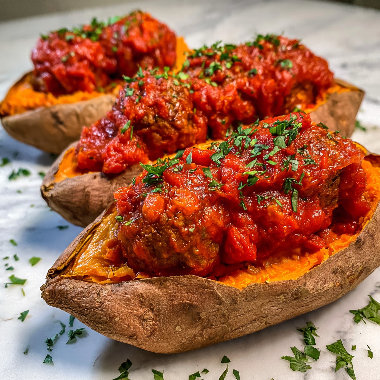 square image Three baked sweet potatoes with rough brown skin and soft orange inside are shown on a white marbled surface. Each sweet potato is sliced open and filled with two round meatballs covered with thick bright red tomato sauce. The sauce is textured with small pieces and sprinkled with finely chopped green herbs on top. Some extra green herb pieces are scattered on the white marbled surface around the sweet potatoes. photo taken with an iphone --ar 4:5 --v 7