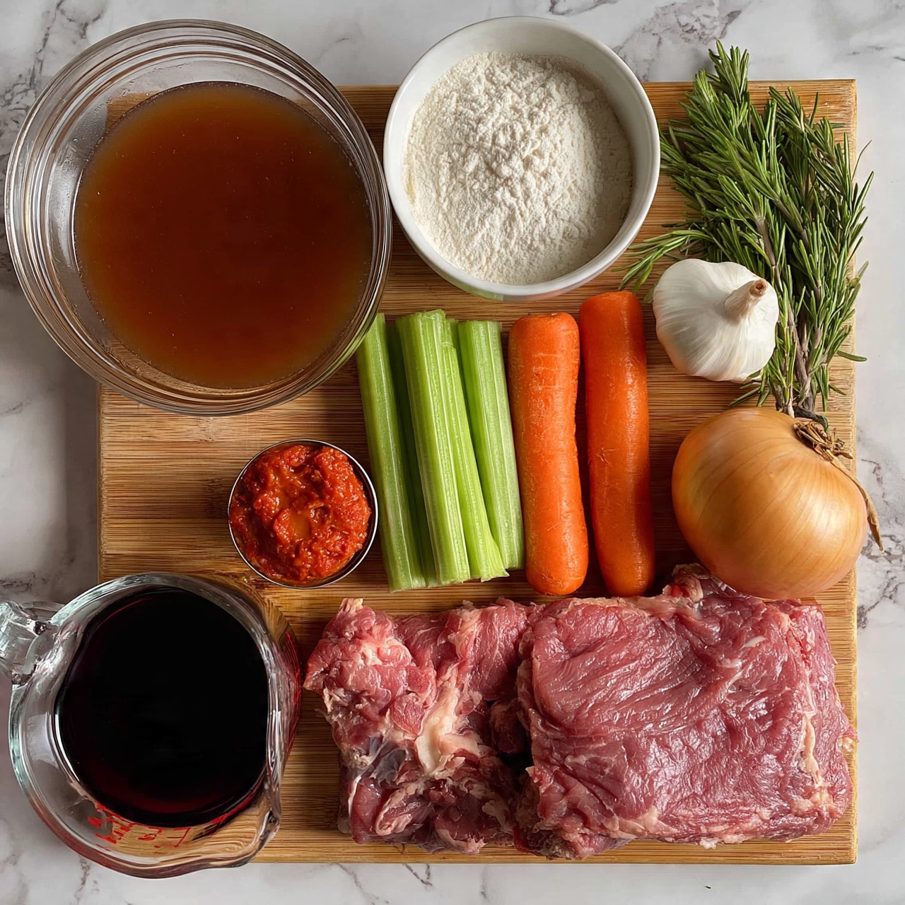 square image The image shows a wooden board on a white marbled surface with cooking ingredients neatly arranged. In the top left corner is a clear glass bowl filled with brown broth. Next to it on the right is a white bowl filled with white flour. To the right of the flour bowl are fresh green rosemary sprigs and a white garlic bulb. Below the rosemary and garlic is a bunch of green celery stalks standing upright. Beside the celery are two whole orange carrots. Near the carrots is a medium-sized yellow onion. In front of the onion is a small can of red tomato paste. On the bottom left side of the board, there is a clear glass measuring cup filled with dark red wine. Next to this cup are two large raw meat pieces with a pinkish-red color and visible texture. photo taken with an iphone --ar 4:5 --v 7