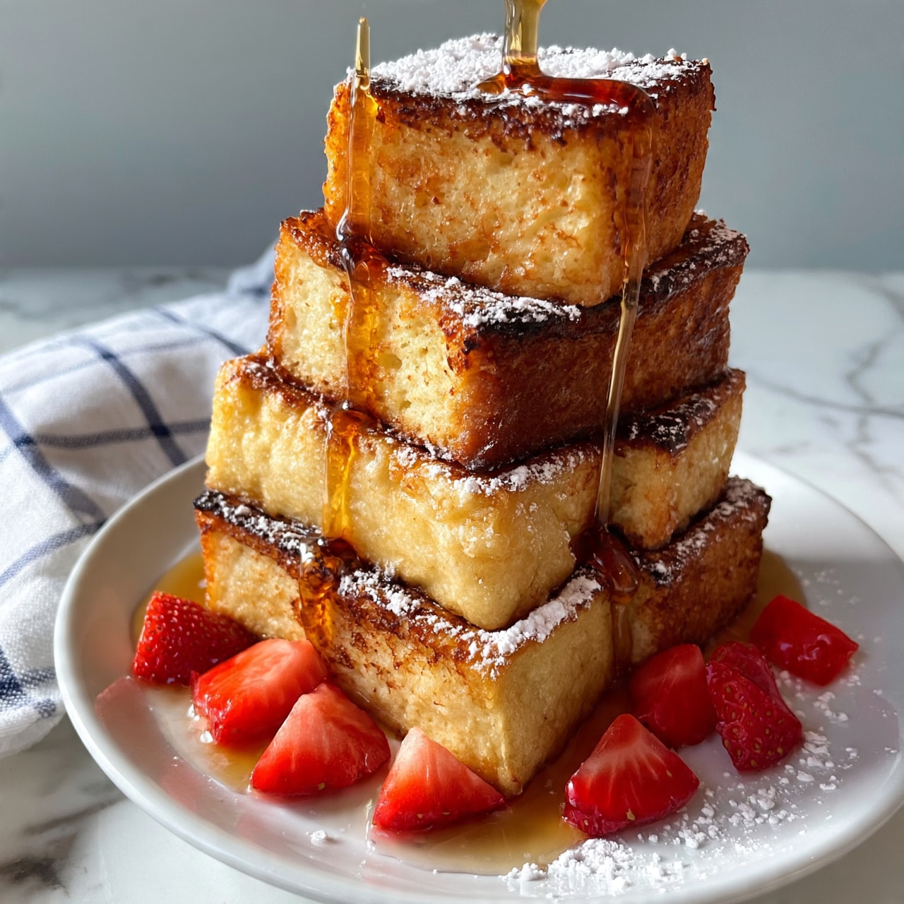 square image A stack of five thick, golden-brown cubes of French toast arranged in a pyramid, each piece having a slightly crisp, textured surface with darker browned edges. On the bottom layer, the white plate is scattered with bright red, sliced strawberries that add a fresh color contrast. A dusting of fine white powdered sugar lightly covers the top of the stack. Sticky amber syrup is being poured from above, dripping down the sides of the French toast and pooling slightly on the plate, adding a shiny, glossy finish. The scene is set on a white marbled surface with a white and blue checkered cloth partially visible on the side. Photo taken with an iphone --ar 4:5 --v 7