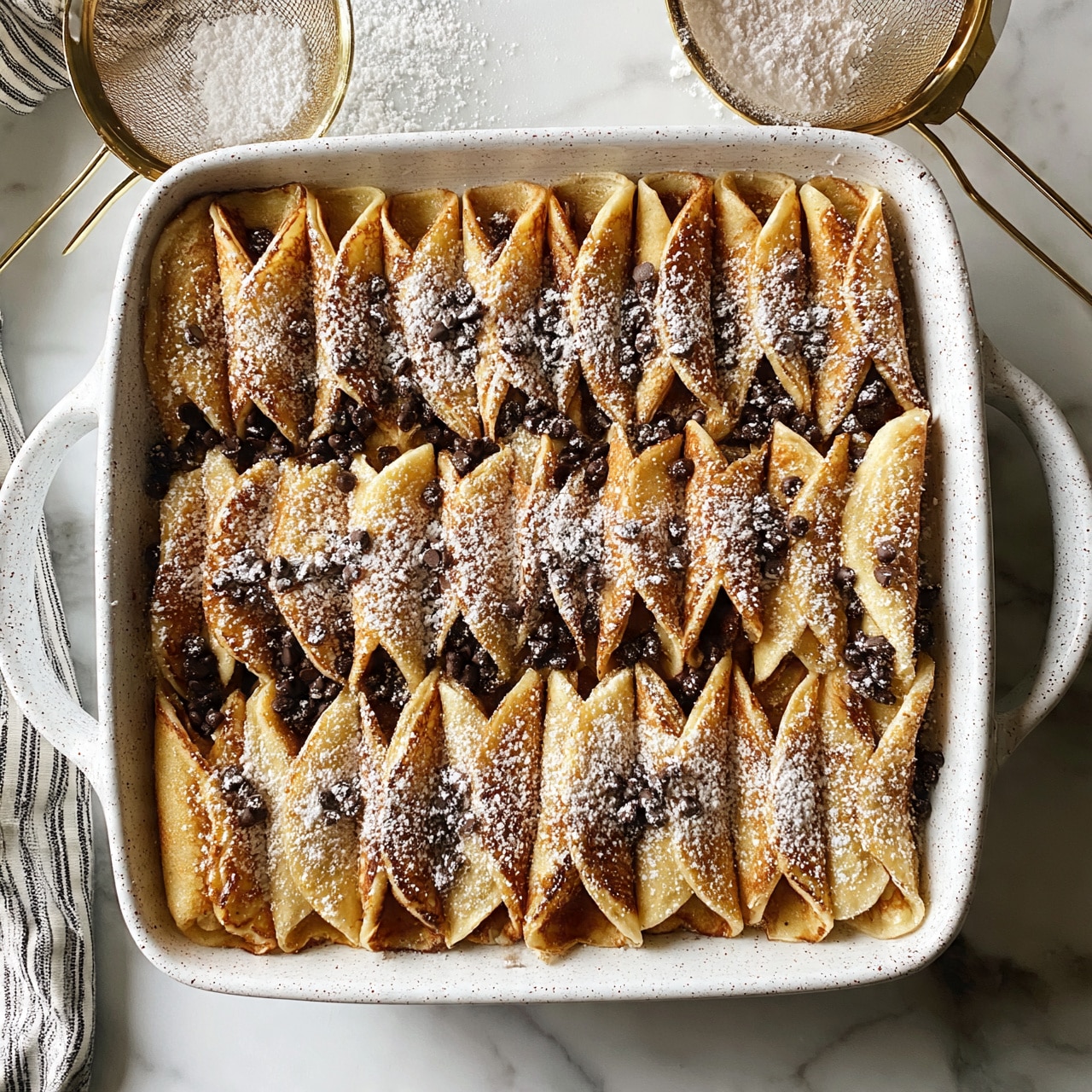 square image A white speckled baking dish filled with about 25 folded, golden-brown pancakes arranged upright in neat rows. Dark chocolate chips are scattered between the pancakes and sprinkled on top, with a light dusting of powdered sugar covering the whole dish. The dish sits on a white marbled surface with a gold mesh sieve dusting powdered sugar nearby, and a striped cloth partially visible on the left side. photo taken with an iphone --ar 4:5 --v 7