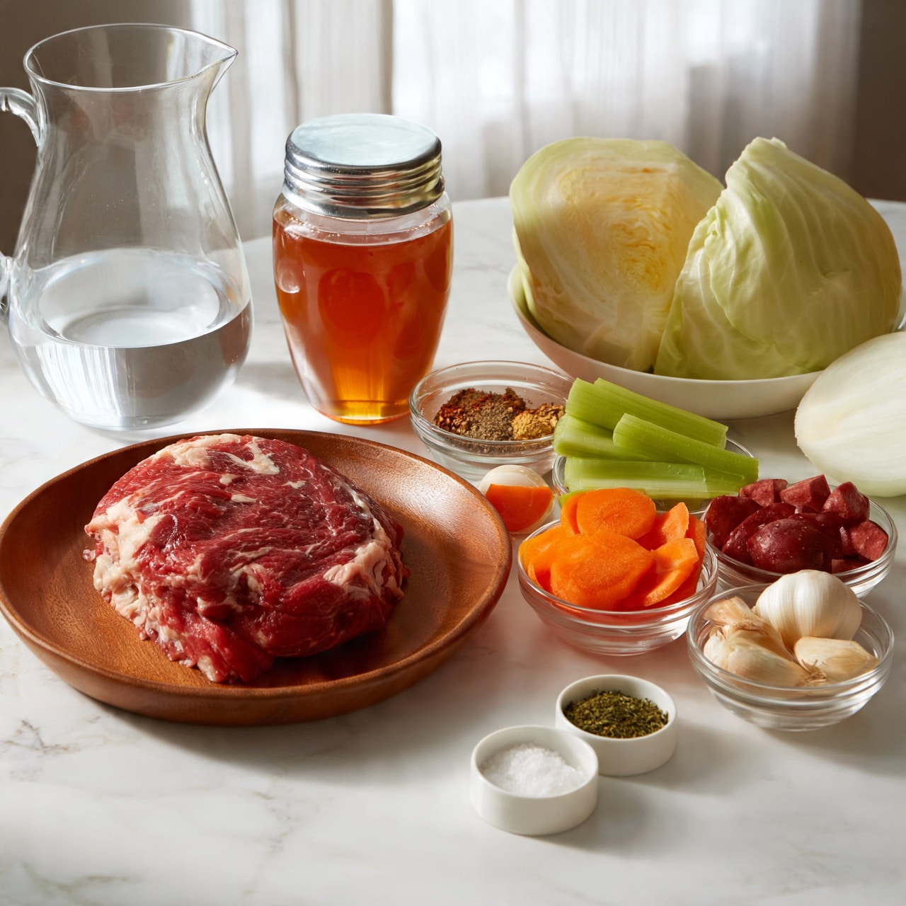 square image A wooden plate holds a single thick piece of raw red meat with white fat marbling on a white marbled surface. Nearby, a clear glass jar of amber-colored honey with a silver lid stands upright. To the right, two large wedges of pale green cabbage sit inside a white bowl, with a white onion half placed beside it on the surface. Several small clear glass bowls hold bright orange carrot slices, fresh green celery sticks, red potato chunks, whole garlic cloves, and mixed spices. Two small round white containers contain white salt and dried green herbs. A clear glass pitcher filled halfway with water is on the left side. All items are arranged neatly on the white marbled surface with soft natural light shining through sheer curtains in the background. Photo taken with an iphone --ar 4:5 --v 7