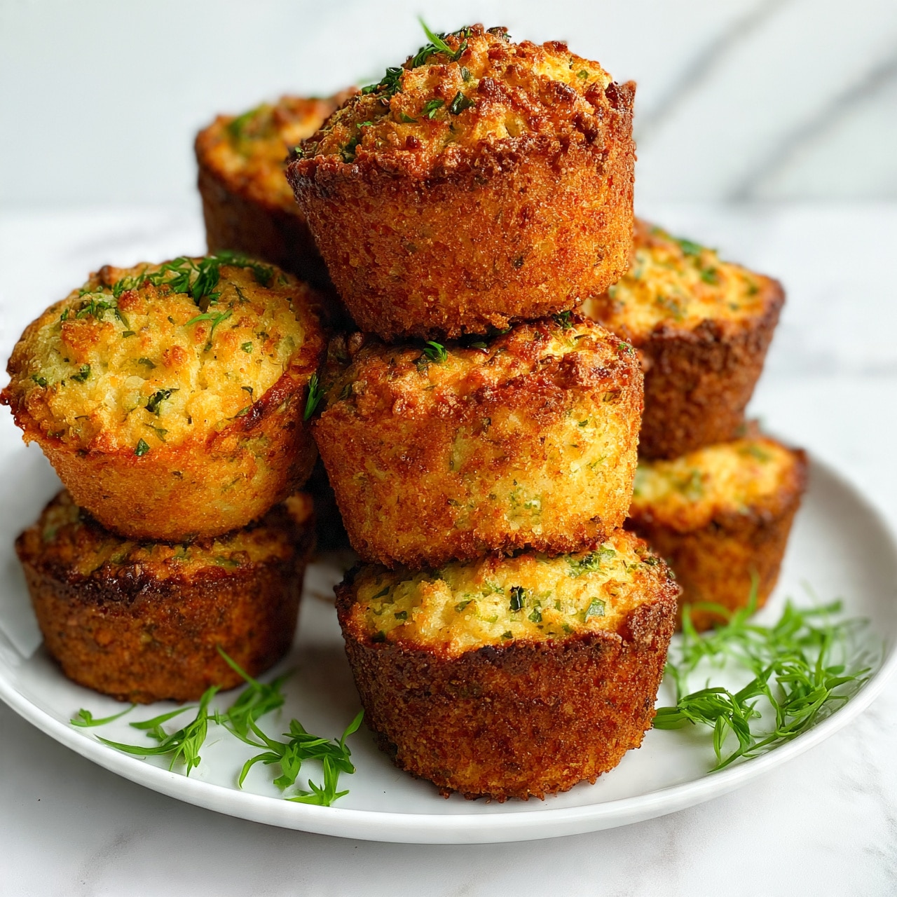 square image The image shows a stack of golden brown muffins placed on a white plate, arranged with about seven muffins visible. The muffins have a slightly rough texture on top with small green herb pieces scattered inside and on top, adding a fresh look. The muffins are thick and look moist inside with crispy outer edges. Bright green thin herb leaves are sprinkled around the plate, adding color contrast. The background and surface are a clean white marbled texture, making the muffins stand out well. Photo taken with an iphone --ar 4:5 --v 7