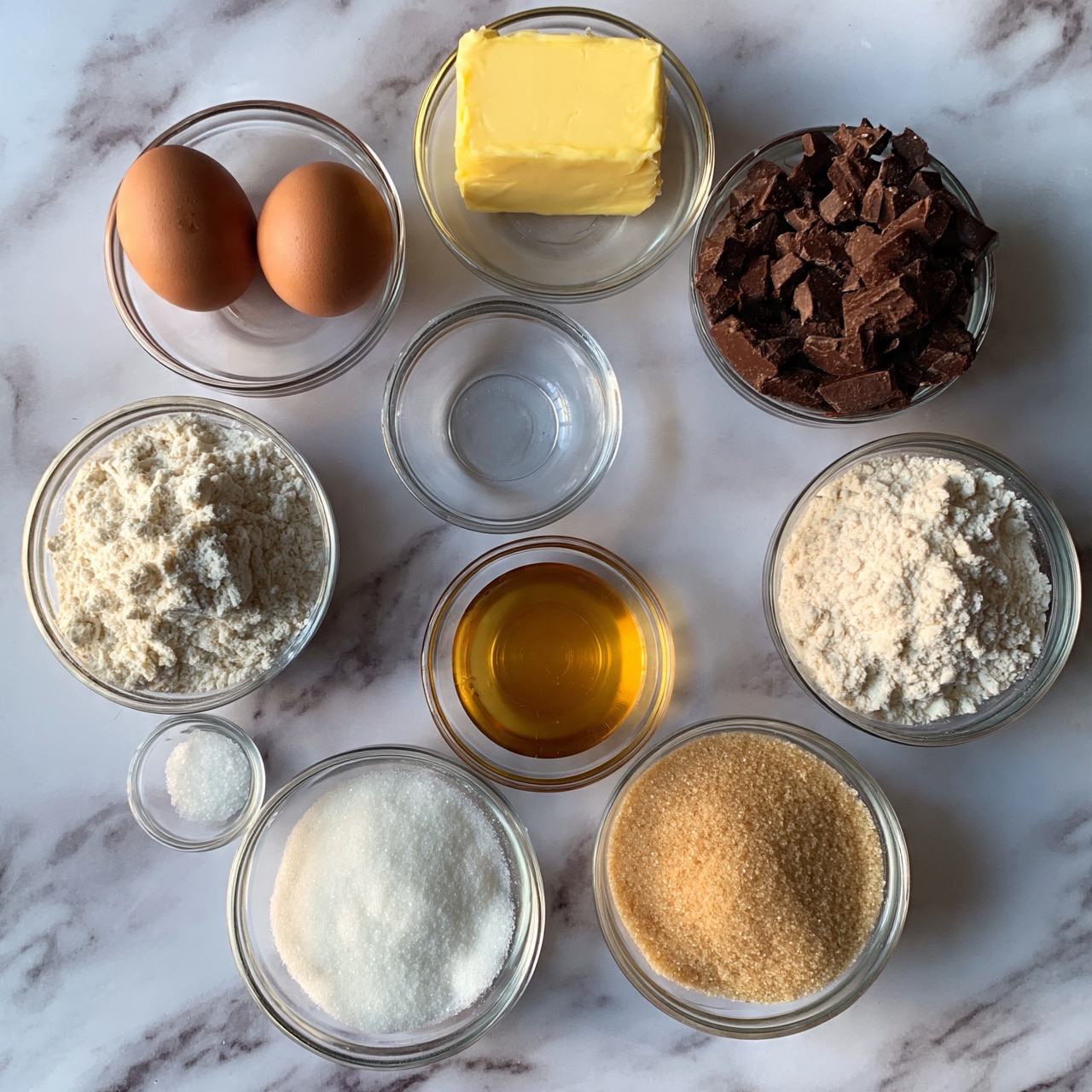 square image The image shows a white marbled surface with nine small clear bowls arranged neatly in a loose circle. Starting from the top left, there are two brown eggs, a solid block of yellow butter, and a bowl filled with dark brown chocolate chunks. Moving clockwise, there is a clear bowl of white flour, an empty small clear glass container, another clear bowl with more white flour, a tiny dish with white salt, a bowl of fine white sugar, a small bowl of golden honey, and a clear bowl of light brown soft sugar. The bowls have smooth textures and the ingredients show varied colors from creamy white to dark chocolate brown. Photo taken with an iphone --ar 4:5 --v 7