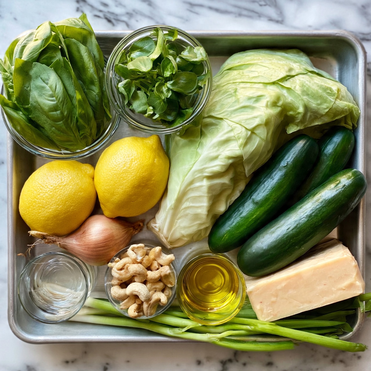 square image The image shows a metal tray filled with fresh ingredients on a white marbled surface. On the tray, from left to right, there are two small glass bowls, one with green fresh basil leaves and the other with fresh small spinach leaves, two bright yellow lemons, a whole light green cabbage, and three dark green cucumbers. In front of the bowls, there are three small containers: one with clear liquid, one with cashew nuts, and one with golden oil. A shallot and some green spring onions are placed beside the lemons and cabbage. A block of light beige cheese is also on the tray near the cucumbers. The overall look is fresh and colorful, with natural textures and vibrant greens. Photo taken with an iphone --ar 4:5 --v 7