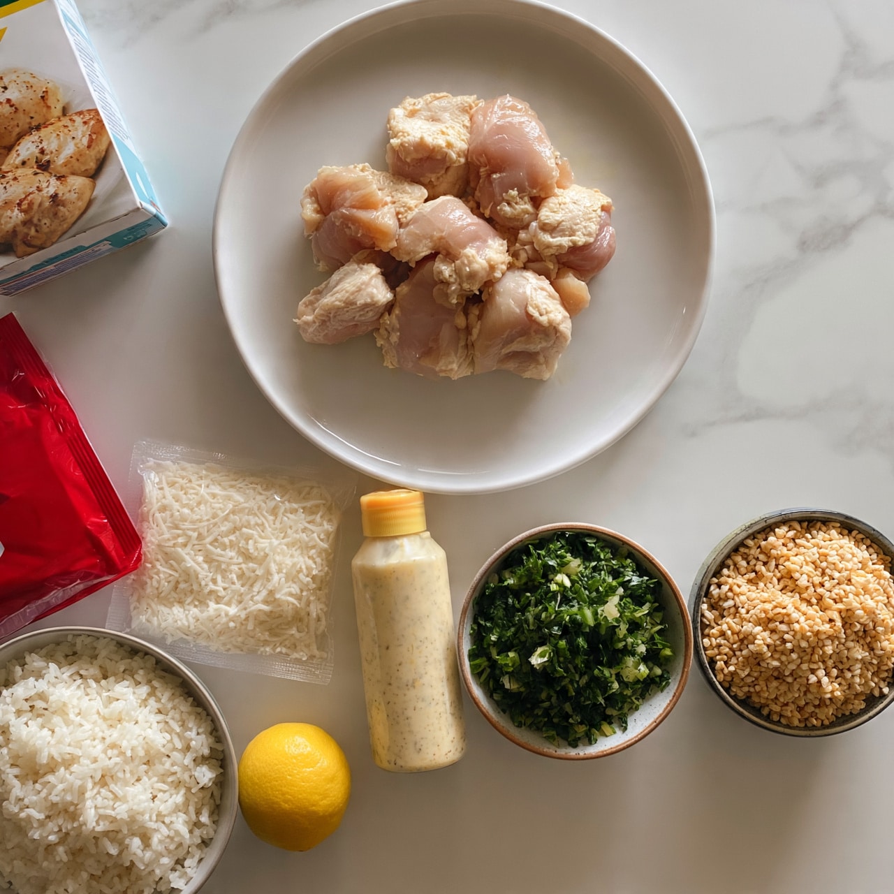 square image A white round plate with raw pink chicken pieces placed at the top center. Below it, from left to right, there is a packet of shredded white cheese, a bottle of creamy salad dressing with a yellowish-orange cap, a bowl with green chopped vegetables, and a bowl filled with light brown grains. Below these, at the bottom left side, a bowl with white rice is placed next to a bright yellow lemon. To the left side of the image, a red package and a white carton with a picture of cooked chicken are visible on a white marbled surface. photo taken with an iphone --ar 4:5 --v 7
