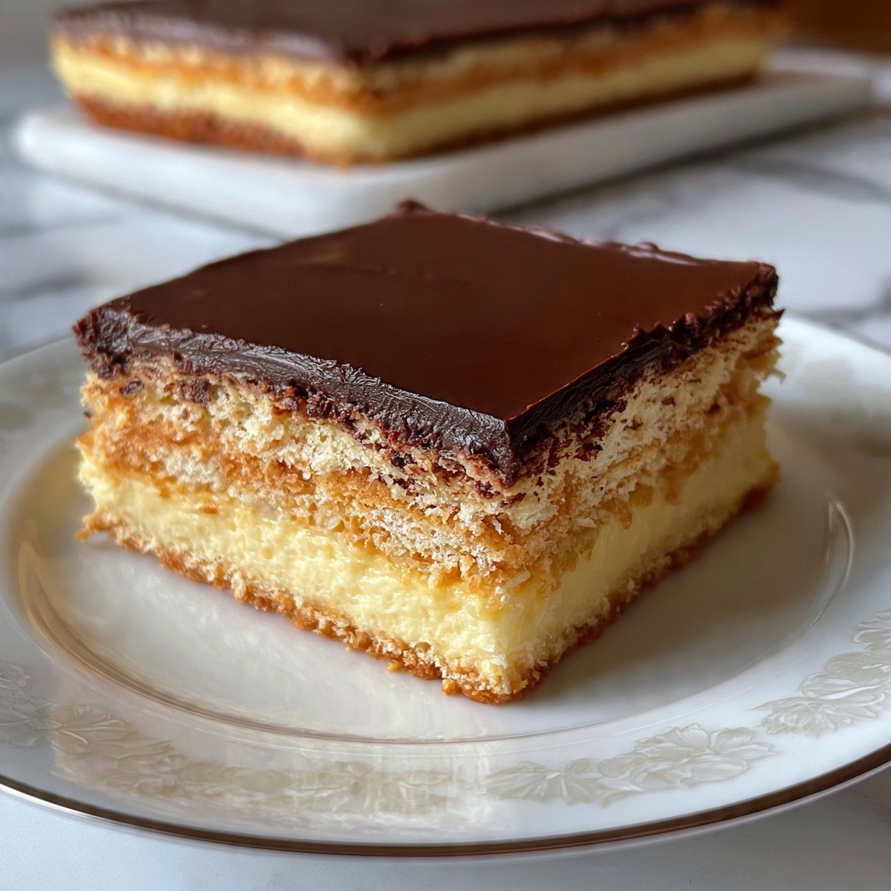 square image The image shows a square piece of layered dessert on a white plate with a light floral pattern. The dessert has three visible layers: a thick bottom layer of creamy pale yellow, a middle layer with light brown texture appearing like soft cookies or cake, and a top layer of dark glossy chocolate spread smoothly. In the background, a larger rectangular dish with the same layered dessert is visible, placed on a white marbled surface. The lighting highlights the smooth texture of the chocolate and the creamy middle layers. Photo taken with an iphone --ar 4:5 --v 7