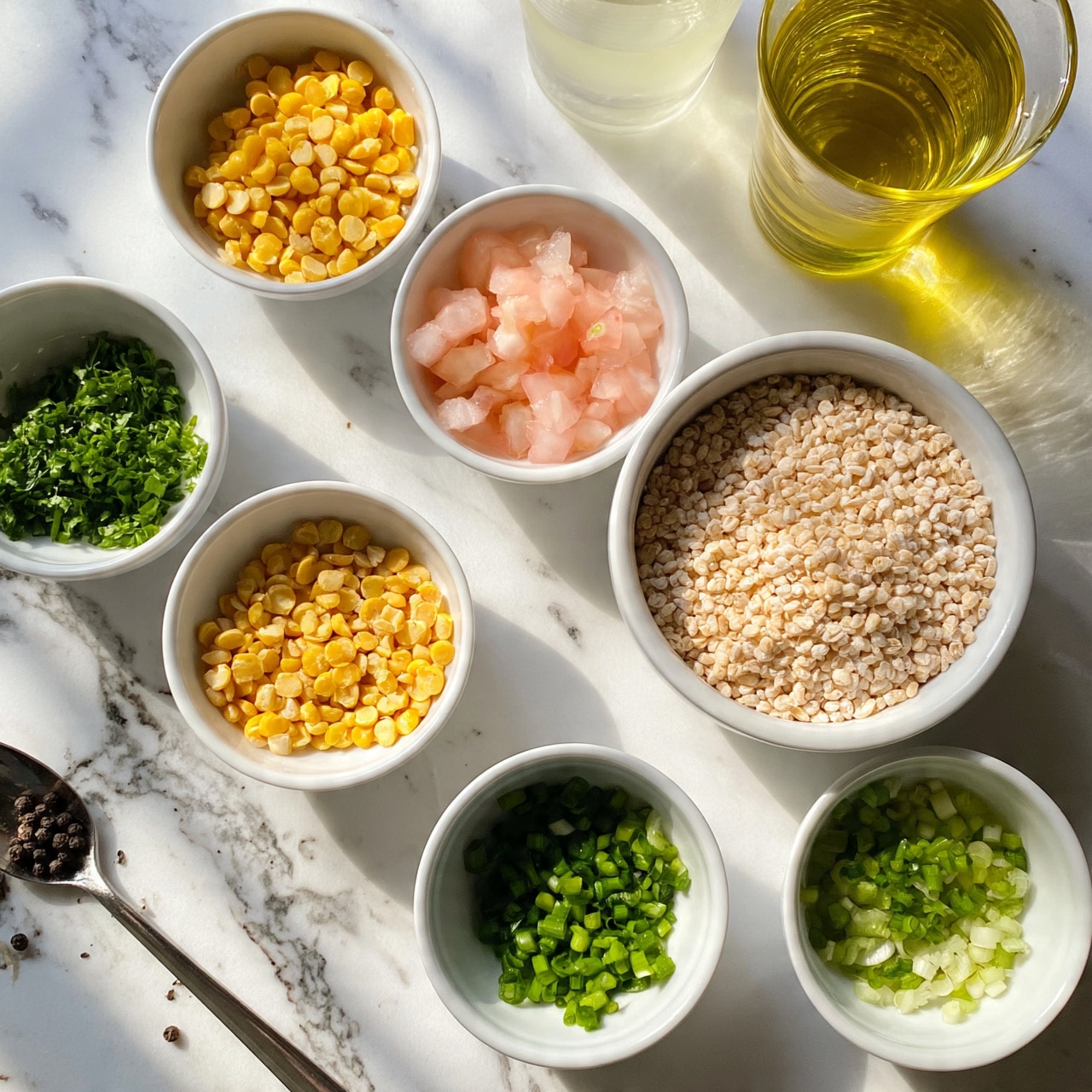 square image The image shows seven small white bowls on a white marbled surface, each filled with different ingredients. One bowl holds yellow split chickpeas, another has light pink diced tomatoes, and a larger bowl contains uncooked light beige grains. A small bowl with bright green chopped herbs sits nearby, along with a bowl of finely chopped green onions. There is a glass cup filled with golden olive oil and another clear cup with a pale liquid. Nearby, a spoon rests on the surface with small black peppercorns on it. Photo taken with an iphone --ar 4:5 --v 7