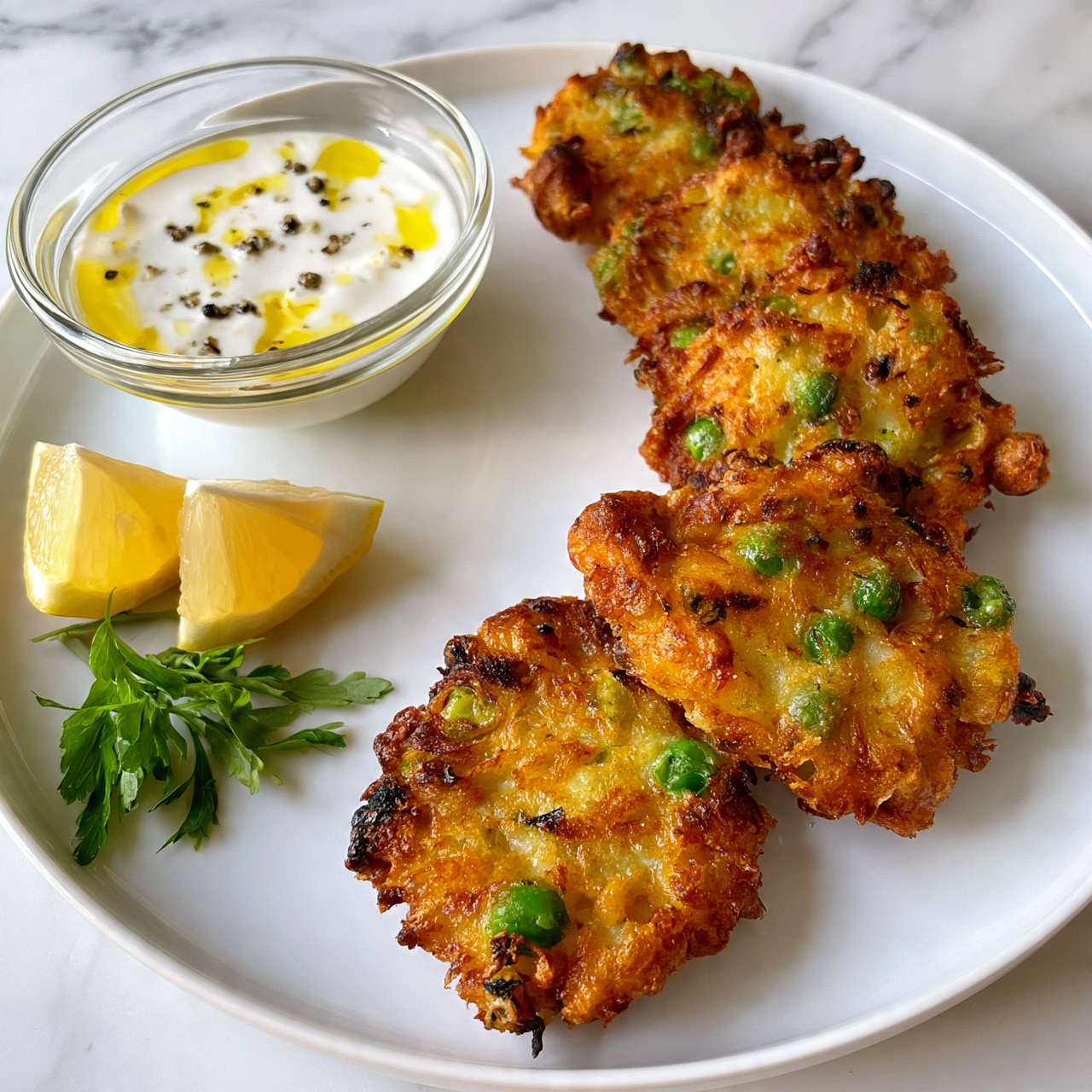 square image The image shows a white plate with six golden-brown fritters that have a crispy texture and scattered green peas inside. They are arranged in a slight curve with some overlapping. On the left side of the plate, there is a small clear glass bowl filled with white creamy sauce topped with a drizzle of yellow oil and small black pepper flakes. Below the bowl, two lemon wedges and a sprig of fresh green herbs are placed on the plate. The background has a white marbled texture. photo taken with an iphone --ar 4:5 --v 7