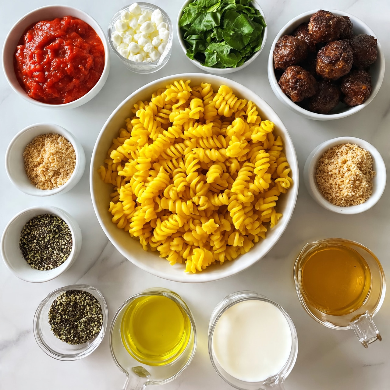 square image A white bowl filled with uncooked yellow twisted pasta sits in the center. Around it, there are smaller white bowls and clear measuring cups holding different ingredients: bright red tomato sauce, dark brown cooked meatballs, fresh green torn spinach leaves, small white curds, light brown grated cheese, mixed black and green ground pepper, pale yellow cooking oil, creamy white milk, and golden brothy liquid. All ingredients are neatly arranged on a white marbled surface. A woman's hand is not shown but implied to be preparing with these ingredients. photo taken with an iphone --ar 4:5 --v 7