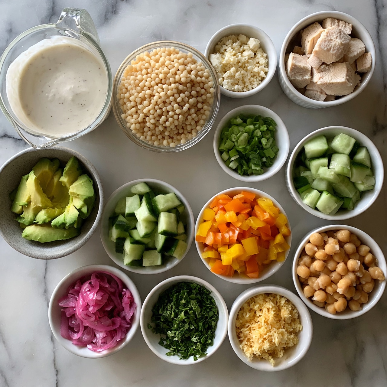 square image The image shows ten small bowls and one measuring cup arranged on a white marbled surface, each holding different ingredients. From top to bottom and left to right, there is a glass measuring cup with a creamy white sauce, a clear bowl filled with pearl couscous, a small white bowl with crumbled cheese, a white bowl with cubed cooked chicken, a small white bowl with chopped green onions, a grey bowl with sliced avocado, a white bowl filled with chopped cucumber, a white bowl with mixed orange and yellow diced bell peppers, a small white bowl with pickled red onions, a white bowl with chopped fresh green herbs, and a white bowl with cooked chickpeas. The ingredients show a variety of textures and colors, like creamy, soft, crunchy, and fresh, all displayed neatly and evenly lit. photo taken with an iphone --ar 4:5 --v 7