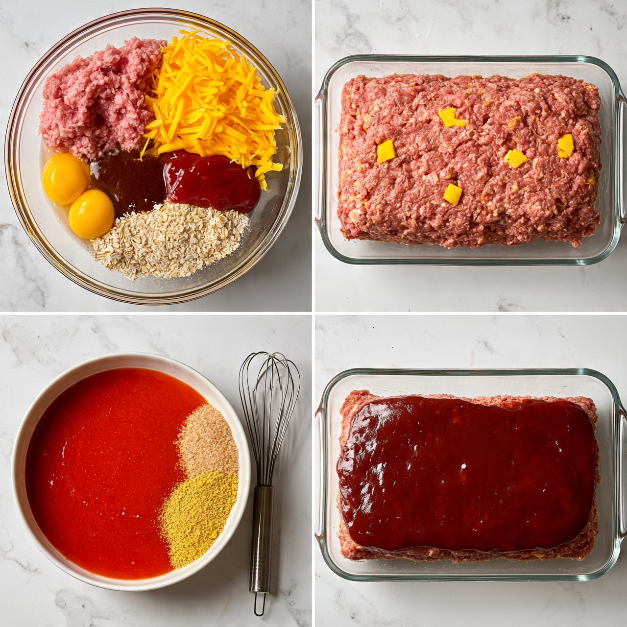 square image The image shows four steps of making a meatloaf. The first step has a clear glass bowl with layers of pink raw ground meat, shredded bright yellow cheese, two yellow egg yolks, dark brown sauce, red ketchup, light beige oats, and breadcrumbs all separated but within the bowl, placed on a white marbled surface. The second step shows the mixed meatloaf formed into a rectangular block inside a clear glass loaf pan, with visible small yellow cheese pieces and a uniform pinkish-red color overall. The third step has a white bowl filled with a bright red sauce, light brown sugar, and yellow mustard powder next to a metal whisk on the white marbled surface. The last step shows the loaf pan again, now with a thick layer of shiny dark red sauce spread evenly on top of the meatloaf mixture. photo taken with an iphone --ar 4:5 --v 7