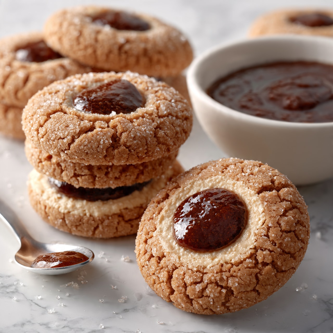 square image The image shows round cookies with a rough, cracked surface, light brown in color, sprinkled with sugar crystals. Some cookies are stacked, showing two layers with a cream-colored filling in between and a dark brown jam-like center. One cookie is open-faced, revealing the filling layer topped with a glossy dark brown dollop in the middle. Nearby sits a white bowl filled with the same dark brown thick sauce, and a spoon resting beside it with a small amount of sauce on it. The background and surface is a white marbled texture. Photo taken with an iphone --ar 4:5 --v 7