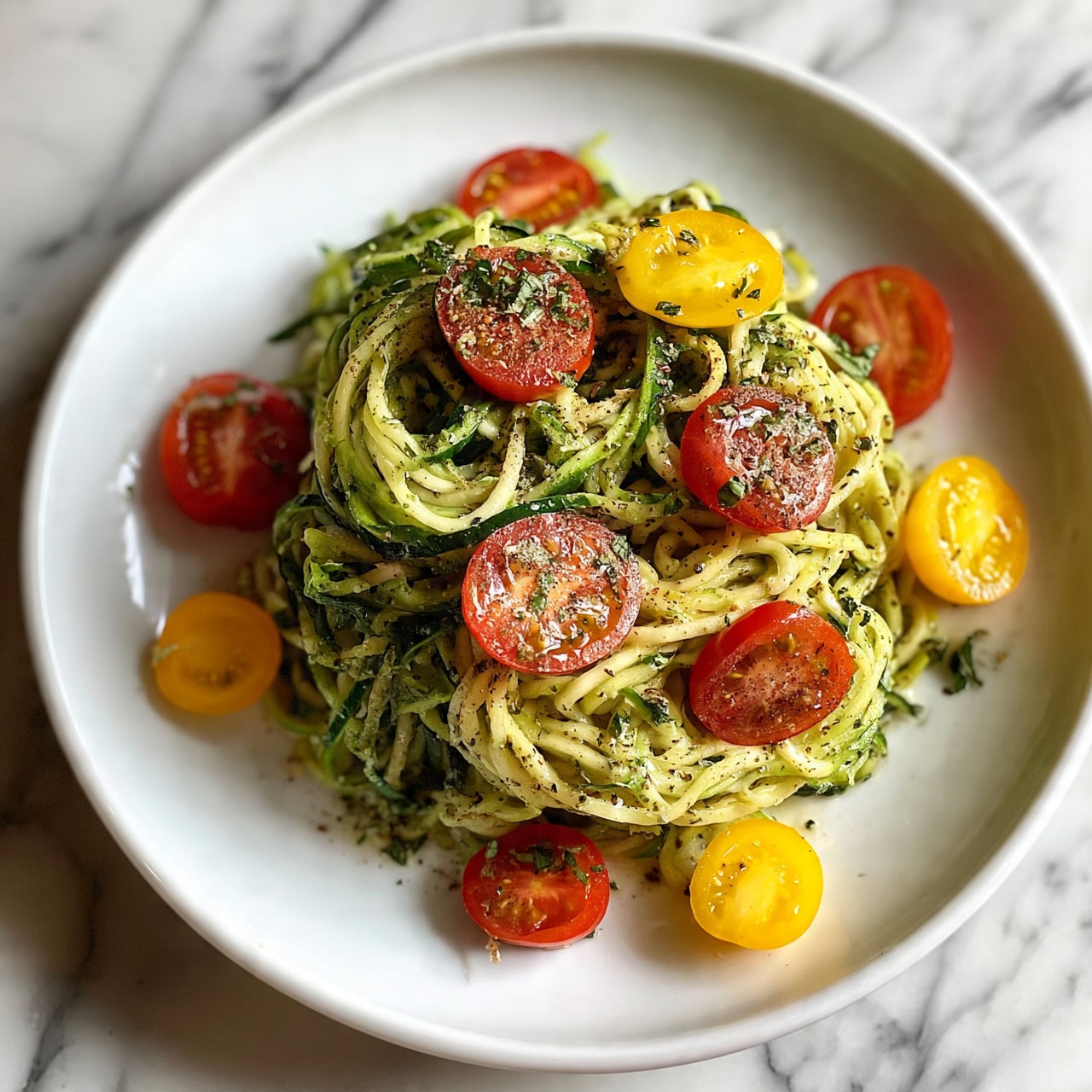 square image A white plate sits on a white marbled surface, holding two main layers of zucchini noodles, one light green and one darker green, twisted and mixed together. Scattered on top are round slices of red cherry tomatoes and a few halved yellow tomatoes adding bright color. Small bits of finely chopped green herbs sprinkle the dish, along with a light dusting of ground spices, enhancing the texture. The noodles and tomatoes have a slightly glossy look, suggesting a light dressing or sauce. Photo taken with an iphone --ar 4:5 --v 7square image