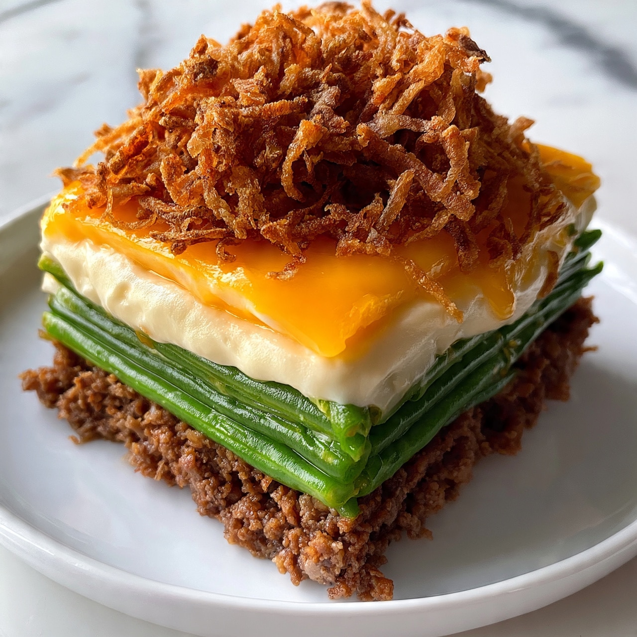 square image A slice of layered dish on a white plate shows four main layers: the bottom layer is brown minced meat with a crumbly texture; above it is a thick layer of bright green beans tightly packed together; next comes a creamy white sauce with smooth texture spread evenly; on top of that is a layer of melted orange-yellow cheese; the dish is finished with a large, rough heap of crispy golden-brown fried onions scattered on top. The background is a white marbled surface. Photo taken with an iphone --ar 4:5 --v 7