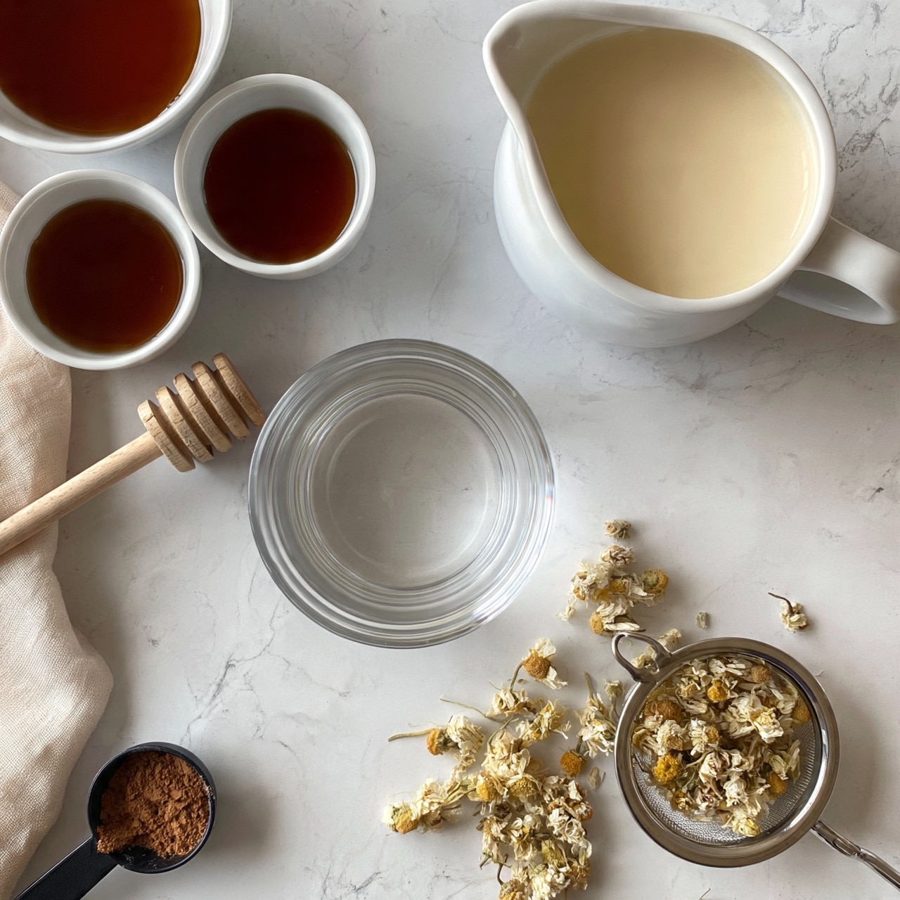 square image A simple tea-making setup is shown from above on a white marbled texture. In the center is a clear glass cup filled with transparent water, and above it is a white pitcher filled with creamy light beige milk. To the left, there are two white small bowls filled with dark amber liquid, and a wooden honey dipper lies next to them. At the bottom right, a metal tea strainer contains dried chamomile flowers with pale yellow and white petals, and some scattered around it. A black measuring spoon with brown powder sits in the lower left corner, along with a soft light beige cloth partially seen on the left side. photo taken with an iphone --ar 4:5 --v 7