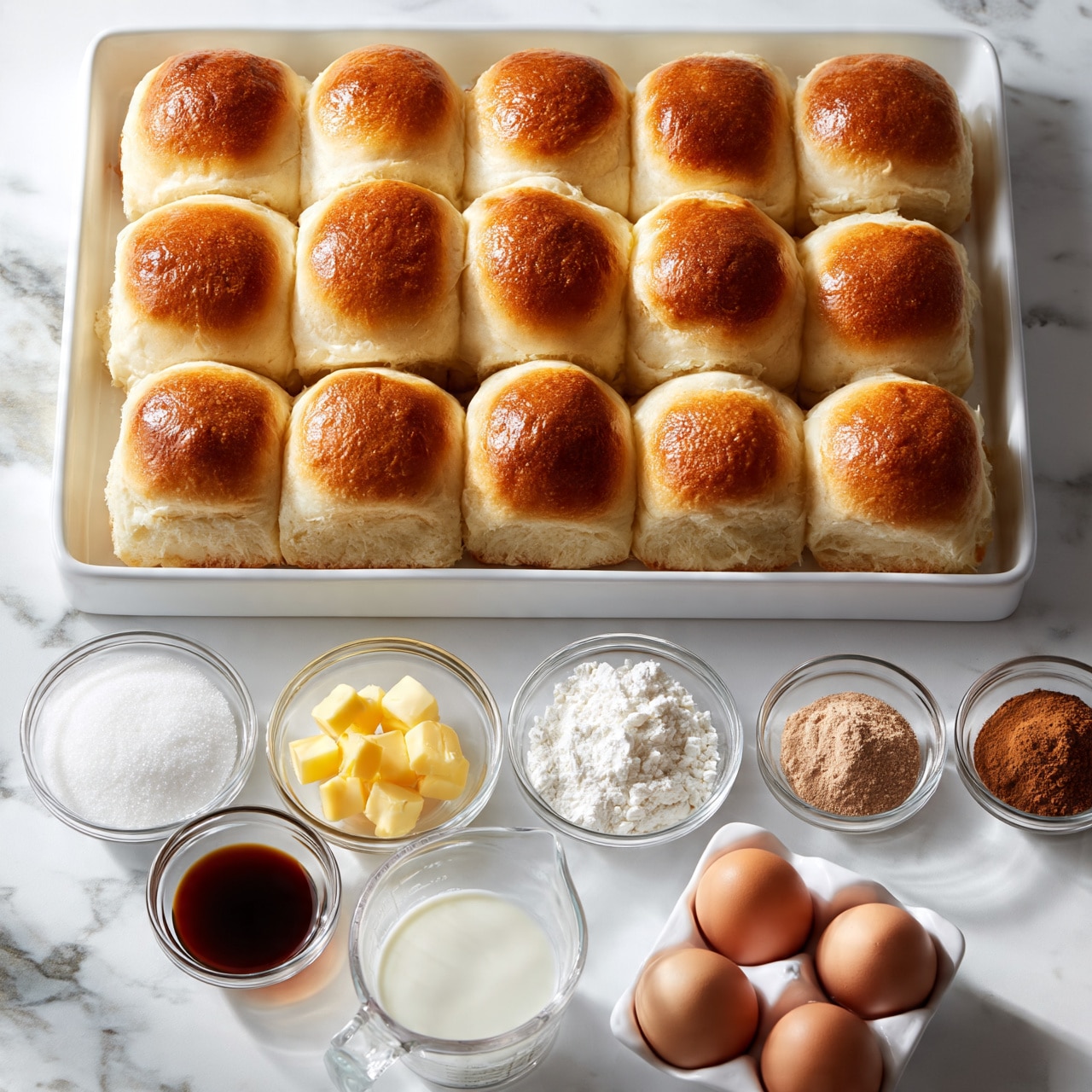 square image A white marbled surface holds a square white tray filled with 15 soft, golden-brown dinner rolls, showing their slightly shiny tops and fluffy texture. Below the tray, there are several small clear glass bowls arranged neatly, one with white granulated sugar, one with small cubes of yellow butter, one with white powdery flour, and another with dark brown liquid, likely vanilla or syrup. To the right, two small glass bowls contain light and dark brown powders, possibly cinnamon and another spice. In the bottom area, a clear measuring cup holds milk, and beside it, three brown eggs sit in white egg cartons. The bright light shows the freshness and detail of each ingredient. Photo taken with an iphone --ar 4:5 --v 7