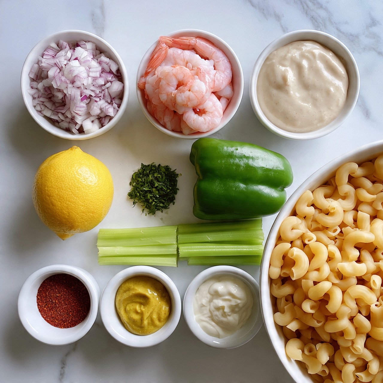 square image The image shows nine small white bowls and a few vegetables arranged neatly on a white marbled surface. At the top left is a bowl filled with finely chopped red onions, next to it is a bowl of peeled, pink shrimp, and beside that a bowl of light beige dressing or sauce with a thick texture. Moving down, there is a whole yellow lemon, a small pile of green chopped herbs, a green bell pepper, and three celery sticks laid out horizontally. Below the vegetables, there are three small white bowls containing a red spice, yellow mustard, and a creamy white sauce. Lastly, on the right side is a large white bowl filled with uncooked elbow macaroni. Photo taken with an iphone --ar 4:5 --v 7