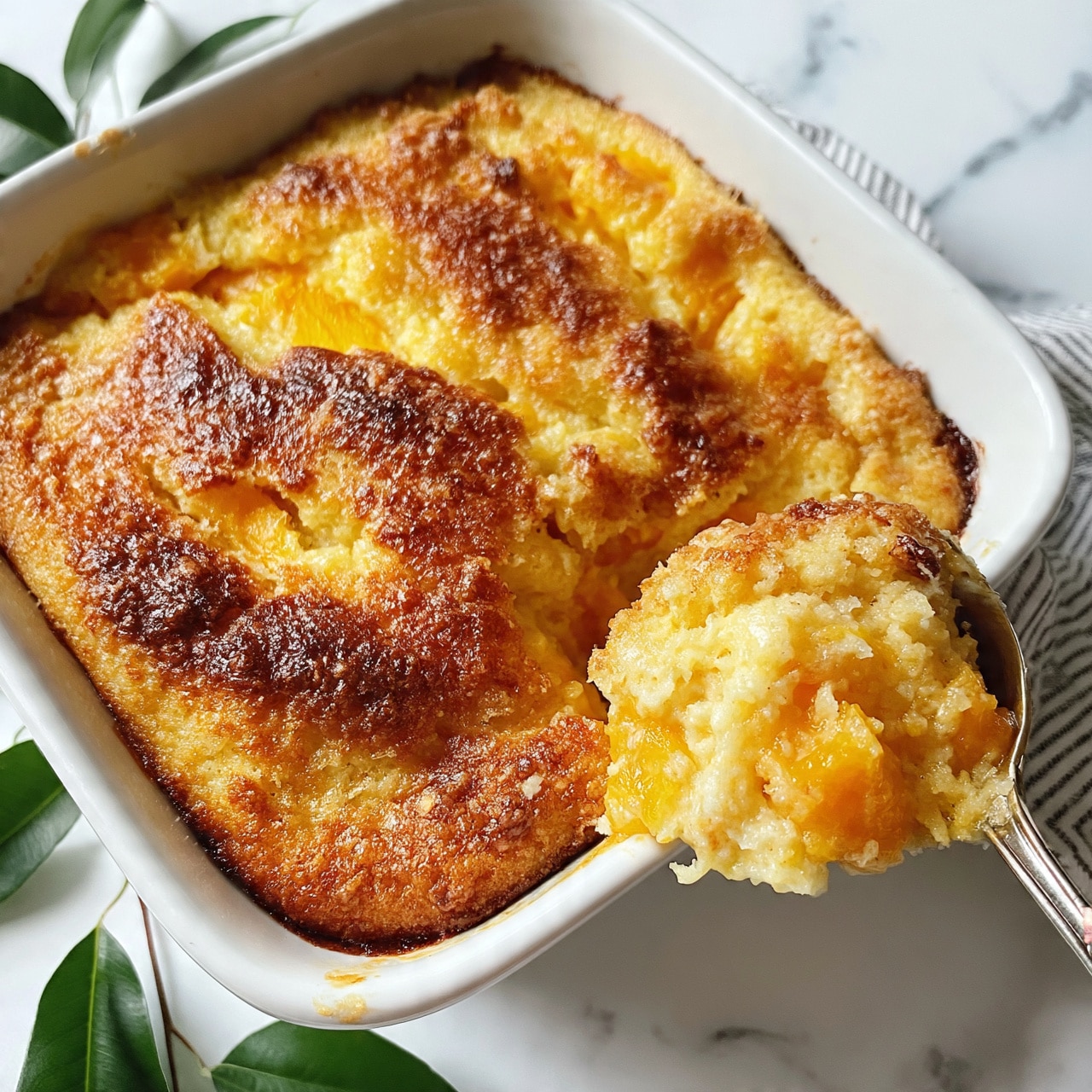 square image The image shows a white baking dish filled with a golden brown baked dessert that looks soft and slightly crusty on top. The top layer is uneven with some cracked areas revealing bright orange pieces of fruit underneath, likely peaches or mangoes. A spoon is scooping out a portion from the corner, showing a moist inside with chunks of the orange fruit mixed with a fluffy batter. The dish sits on a white marbled surface next to green leaves and a striped cloth. Photo taken with an iphone --ar 4:5 --v 7
