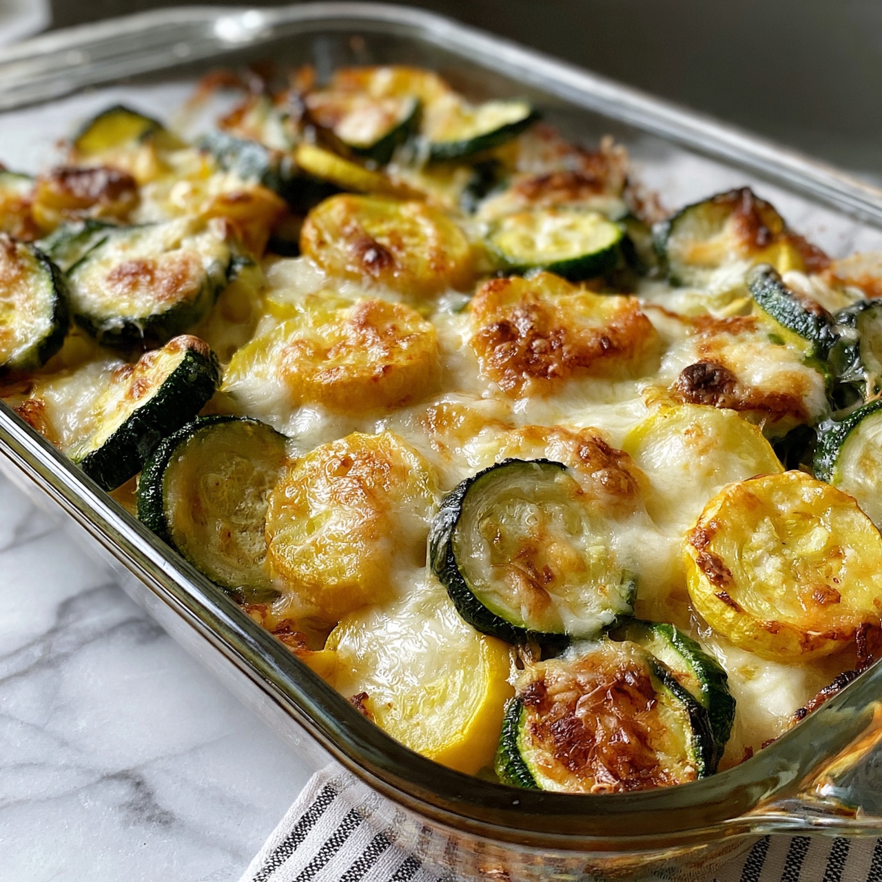 square image A glass baking dish filled with a cooked casserole made of sliced green zucchini and yellow squash, layered with melted and slightly browned cheese on top, creating a bubbly golden crust. The zucchini and squash slices are mixed throughout the dish, some edges caramelized and crispy. The dish sits on a white marbled surface with a striped cloth partially visible underneath. Photo taken with an iphone --ar 4:5 --v 7