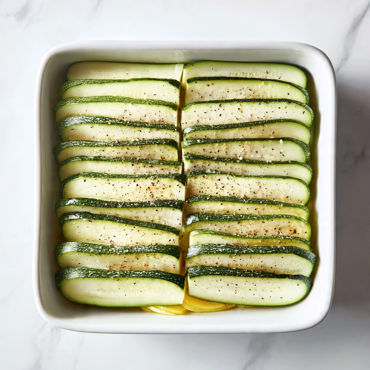 square image A white rectangular baking dish holds a layer of thin, long slices of light green zucchini evenly placed side by side, with a sprinkle of black pepper and light seasoning on top. Underneath the zucchini slices, there is a hint of a yellow sliced layer, possibly cheese or another vegetable, peeking out between the gaps. The dish is placed on a white marbled surface, giving a clean and fresh look. photo taken with an iphone --ar 4:5 --v 7