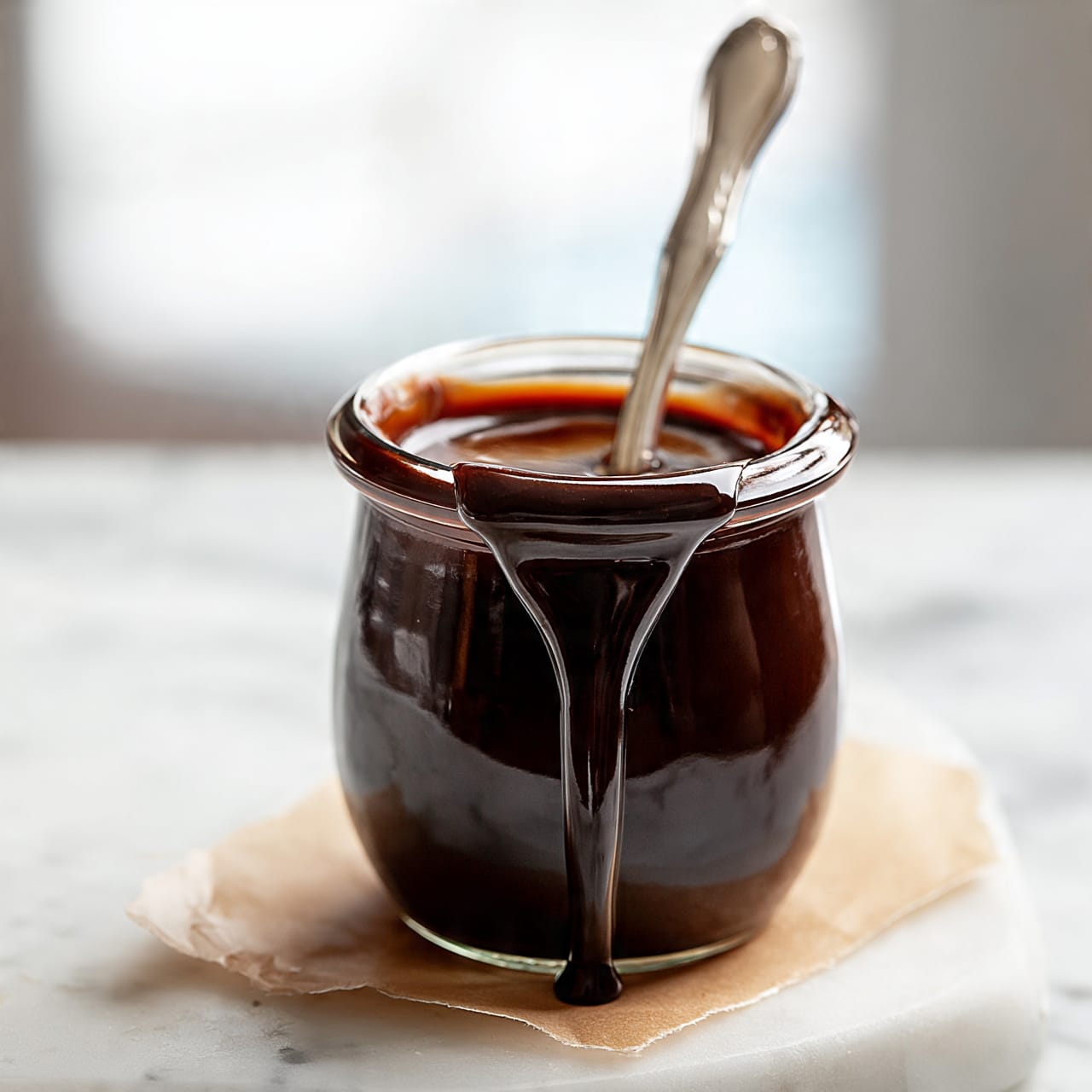 square image A small open dark brown jar filled with thick, dark chocolate syrup that slightly drips down the side. Inside the jar is a silver spoon with a simple decorative handle standing upright, partially covered with the chocolate syrup. The jar is placed on a piece of light brown parchment paper on a white marbled surface. The background is blurred with soft light giving a cozy feel. Photo taken with an iphone --ar 4:5 --v 7