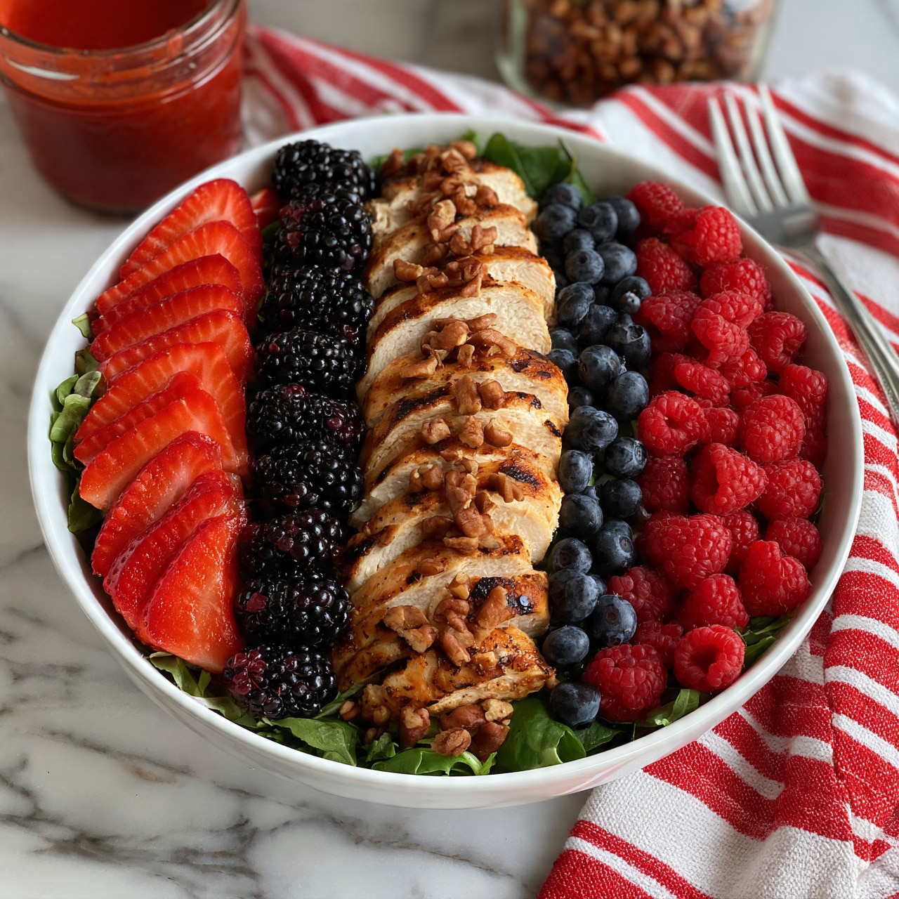 square image A white bowl filled with five neat rows of food on a base of leafy greens. On the left side, thin slices of red strawberries form the first row, followed by a row of black blackberries. The middle row has thick slices of grilled chicken topped with small brown nuts. To the right of the chicken, there is a row of small dark blue blueberries, and the far right row is filled with bright red raspberries. The bowl sits on a white marbled surface next to a red and white striped cloth with a silver fork on top. In the background, there is a jar filled with red sauce and another jar containing brown nuts. Photo taken with an iphone --ar 4:5 --v 7