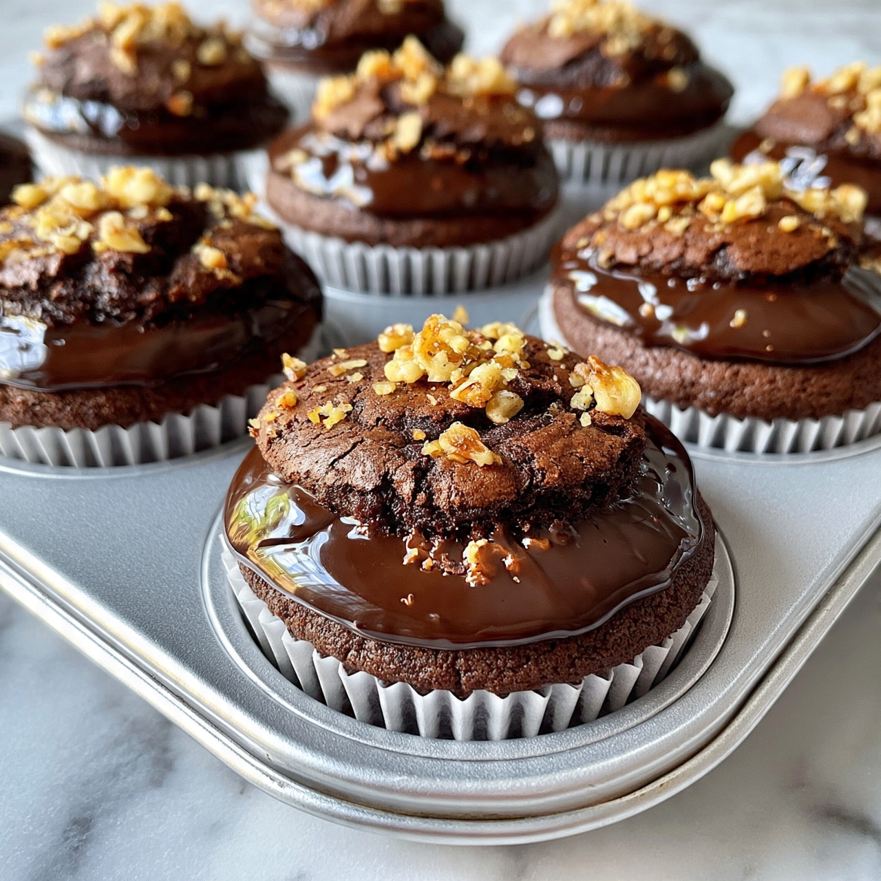 square image Chocolate muffins are arranged in a silver muffin tray on a white marbled surface. Each muffin has two layers of melted chocolate filling that looks smooth and shiny, with a cracked texture on top. Small pieces of light brown walnuts are scattered on the melted chocolate layers, giving a crunchy look. The muffins are dark brown with a soft texture, filling the white muffin cup liners. The lighting is bright and natural, highlighting the rich chocolate and nut details clearly. Photo taken with an iphone --ar 4:5 --v 7