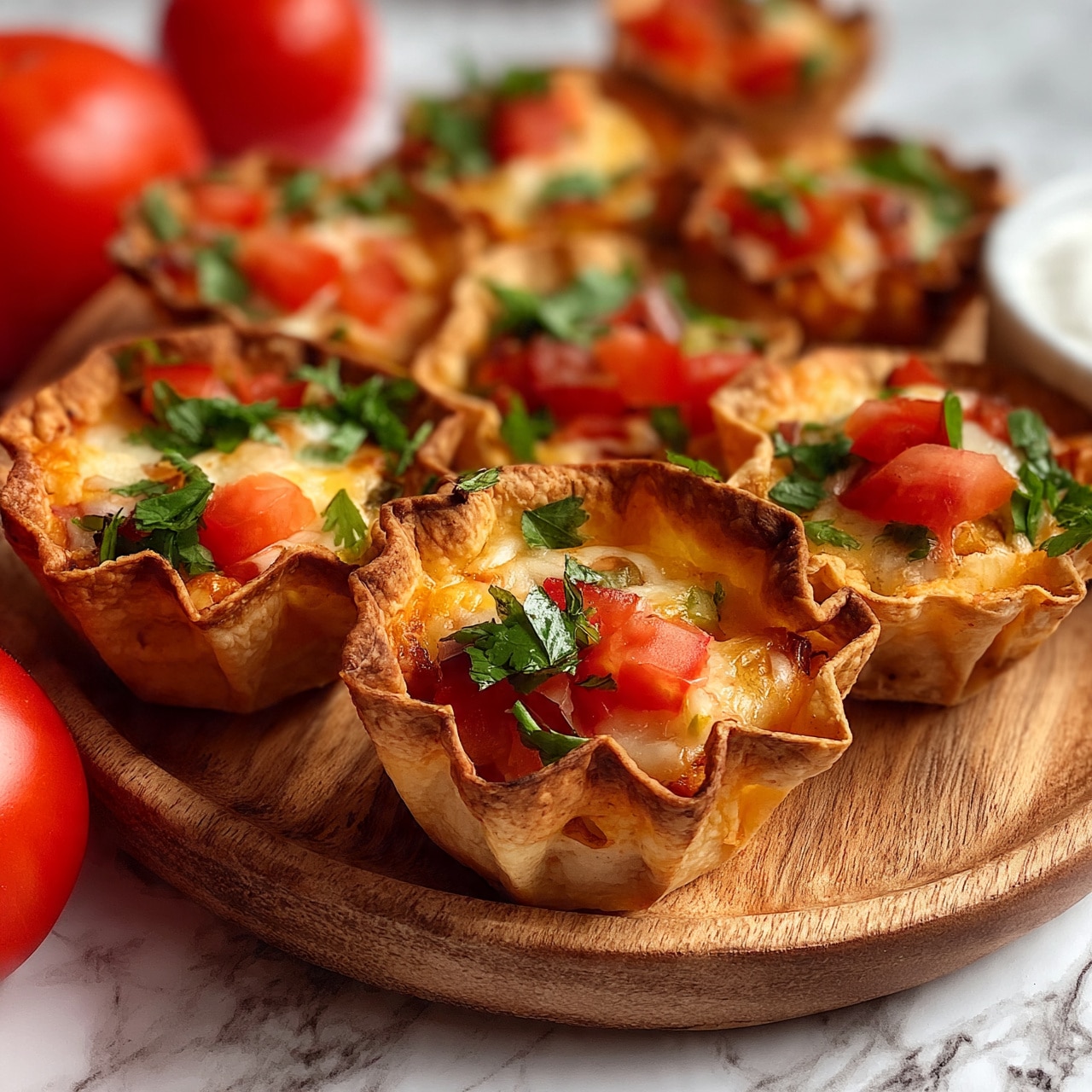 square image The image shows several small crispy taco cups placed neatly on a round wooden platter. Each taco cup has a golden brown color with a slightly rough texture and is filled with layers of melted cheese, diced red tomatoes, green cilantro leaves, and finely chopped other vegetables, giving a fresh and colorful look. Around the platter, there are whole bright red tomatoes on a white marbled surface. A small white bowl with a creamy white sauce is partly visible on the right side. The whole scene looks fresh and vibrant with the warm tones of the taco cups contrasting the cool white marbled background. photo taken with an iphone --ar 4:5 --v 7