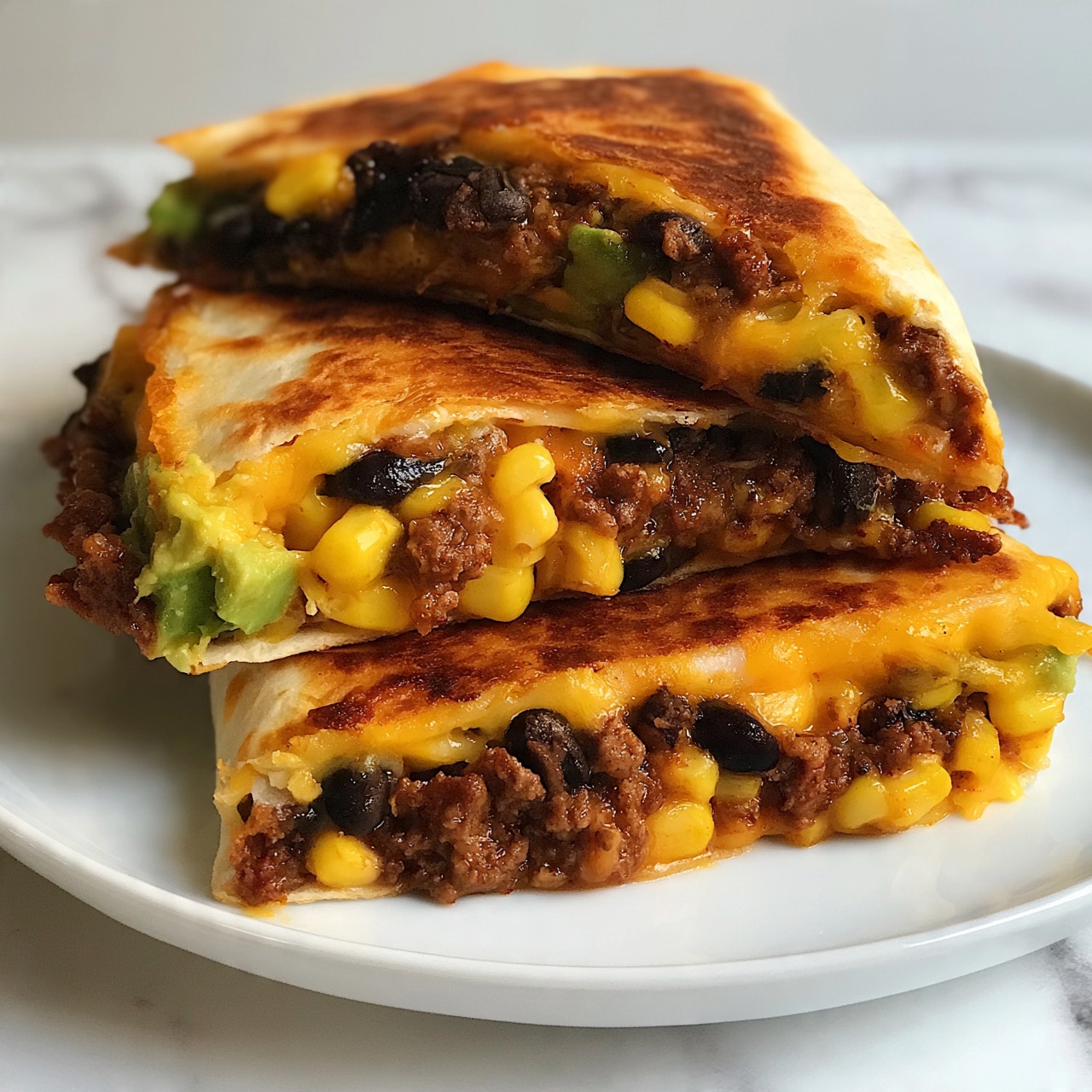 square image The image shows two folded quesadilla slices stacked on top of each other on a white plate. Each quesadilla has a golden brown, crispy tortilla crust. Inside, there are layers of melted yellow cheese, cooked ground beef mixed with black beans, yellow corn kernels, and pieces of green avocado. The filling looks moist and full, slightly spilling out from the edges. The plate is set on a white marbled surface. Photo taken with an iphone --ar 4:5 --v 7