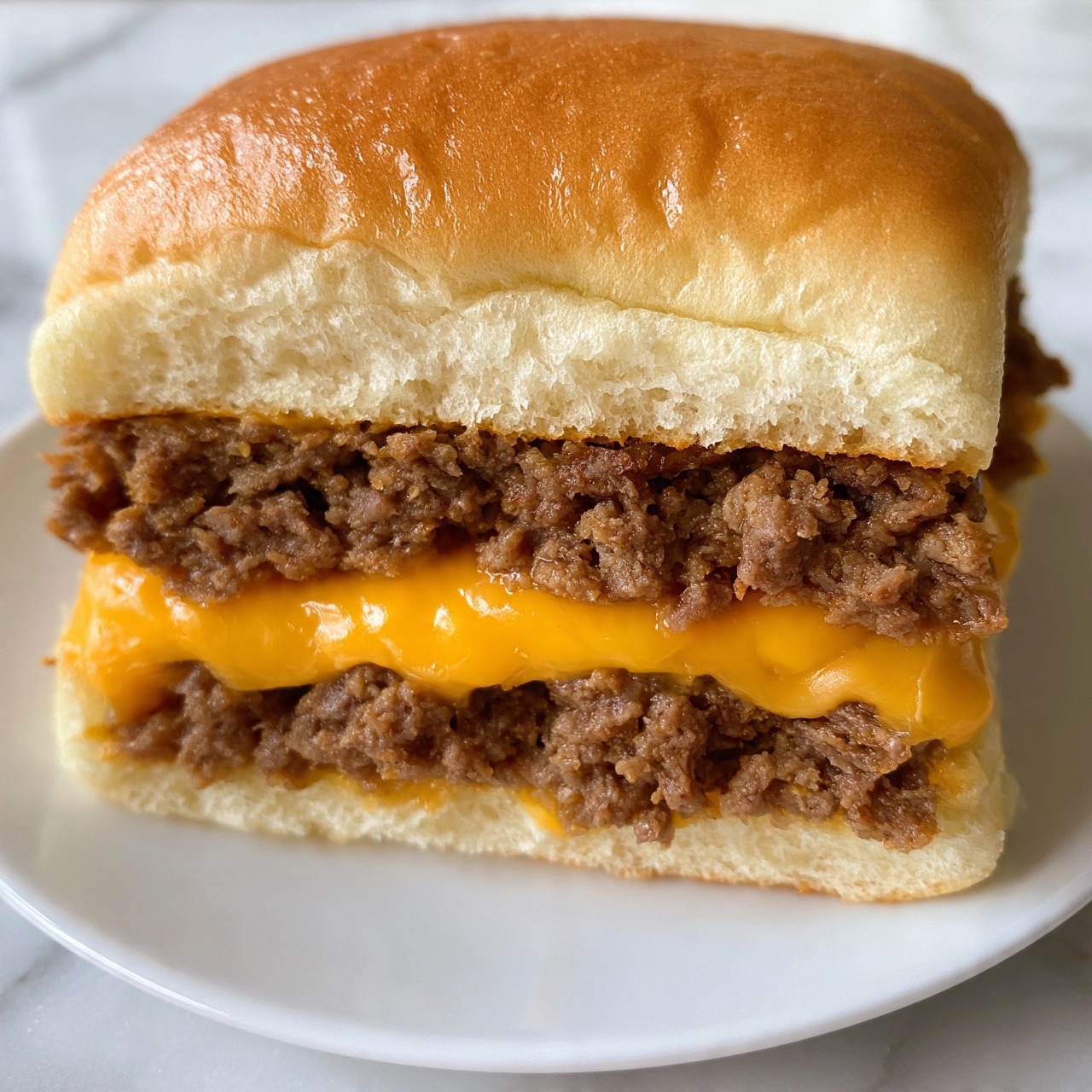 square image A close-up view of a sandwich sliced in half, showing three layers inside a soft, golden-brown bun. The top and bottom buns have a light, fluffy texture with a slightly shiny crust. Inside, there are two thick layers of cooked ground beef with brown, crumbly texture, separated by a middle layer of melted cheddar cheese that is bright orange and creamy. The sandwich rests on a plain white plate on a white marbled surface. Photo taken with an iphone --ar 4:5 --v 7