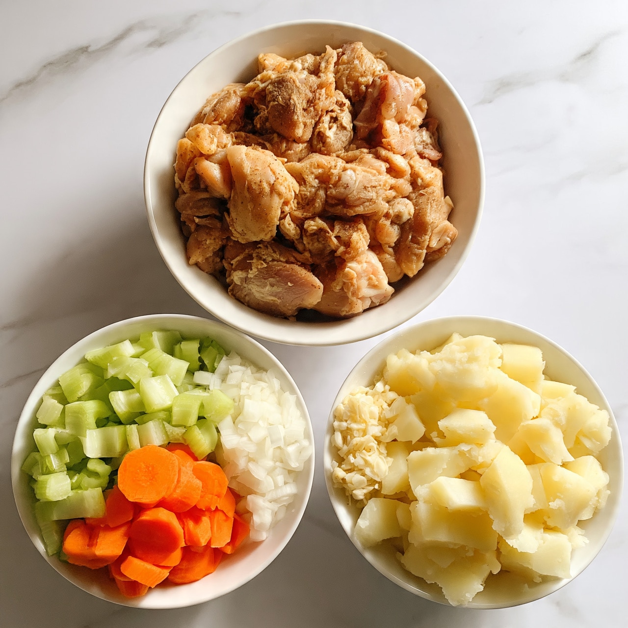 square image The image shows four white bowls placed on a white marbled surface. The top bowl contains raw brown chicken pieces mixed with spices, filling most of the bowl. Below it, three bowls are arranged in a semi-circle. The left bowl is filled with slices of green celery and bright orange carrot rounds, creating a two-color mix. The middle bowl holds finely chopped white onions and minced garlic, side by side. The right bowl shows diced pale yellow potatoes with a soft texture. A woman's hand is not visible in the image. Photo taken with an iphone --ar 4:5 --v 7