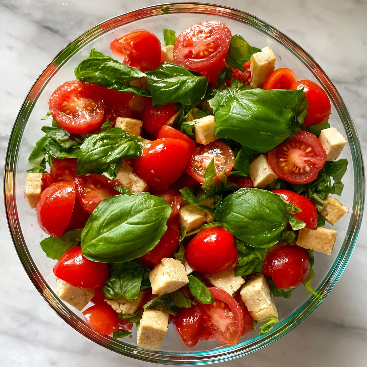 square image In a clear glass bowl placed on a white marbled surface, a vibrant salad shows three main layers mixed evenly: the first layer has bright red cherry tomatoes cut in halves with shiny smooth skins, the second layer has small cubes of beige tofu with a firm texture, and the third layer features fresh, large green basil leaves scattered on top, adding a lively contrast with their smooth, slightly crinkled texture. The salad looks fresh, light, and colorful, with simple, clean ingredients visible through the glass bowl, photo taken with an iphone --ar 4:5 --v 7