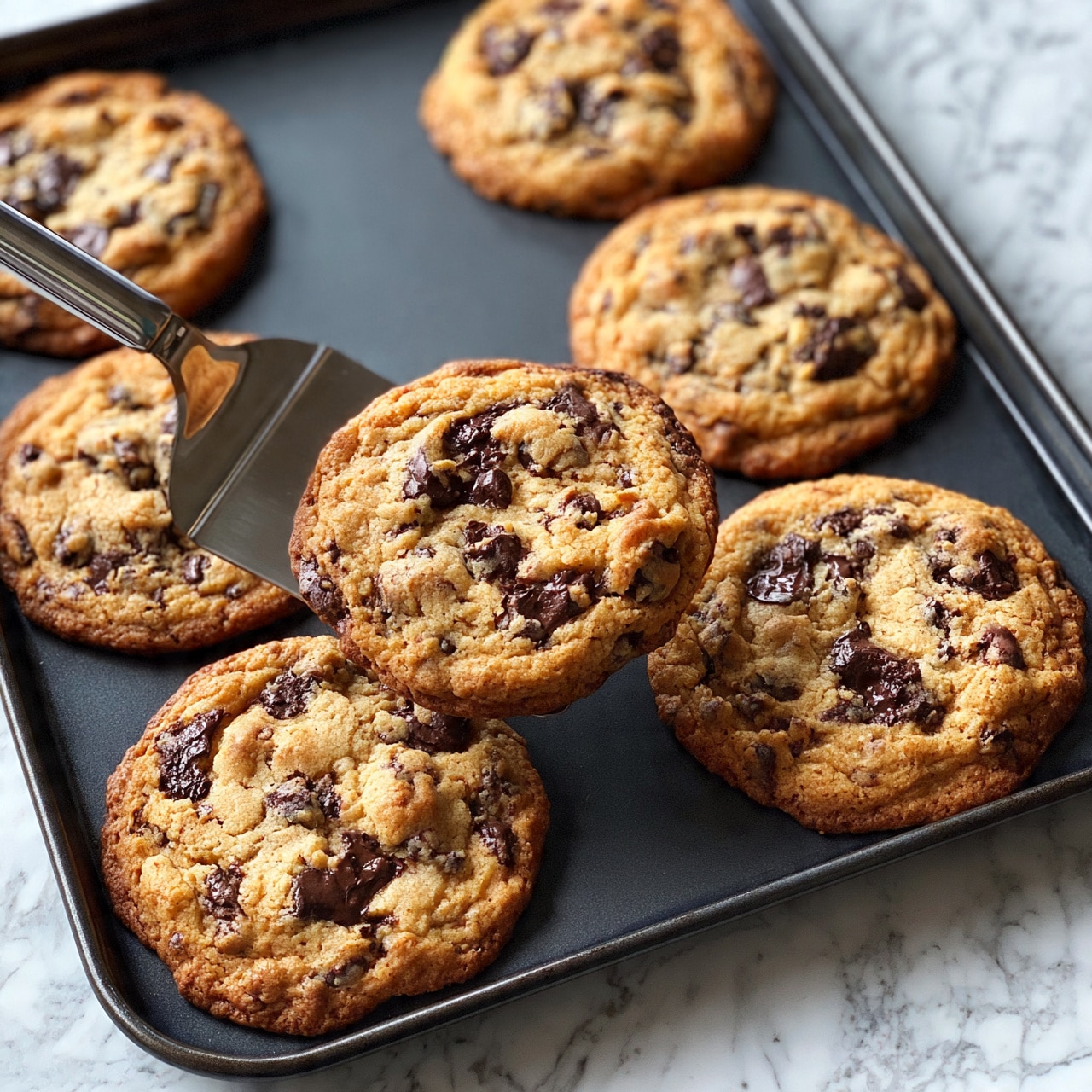square image The image shows a close-up of seven large chocolate chip cookies on a dark baking tray. The cookies are thick and have a golden brown color with visible texture from melted chocolate chunks and slightly uneven, crisp edges. One cookie is being lifted by a metal spatula, showing its soft inside and keeping its round, uneven shape. The background surface is a white marbled texture. photo taken with an iphone --ar 4:5 --v 7