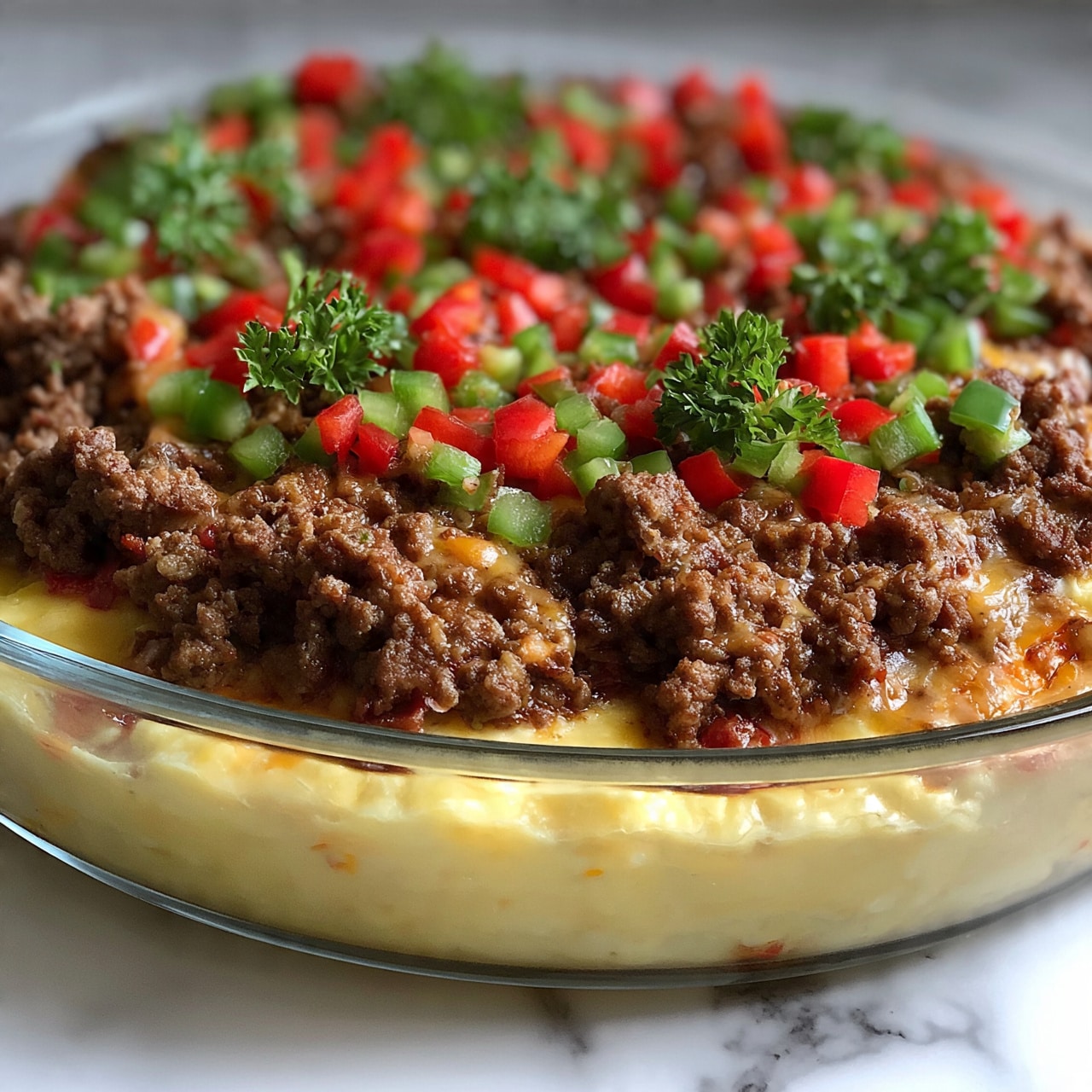 square image The image shows a close-up of a layered dish in a clear round glass bowl on a white marbled surface. The bottom layer is soft and light yellow, looking smooth like cheese or pasta. On top of this is a thick layer of cooked ground meat that is brown and crumbly. Scattered over the meat are chopped red and green bell peppers, adding bright pops of color. Small sprigs of fresh green parsley are placed on top, giving a fresh look. The mixture looks juicy with bits of melted cheese or sauce blending the layers softly together. Photo taken with an iphone --ar 4:5 --v 7
